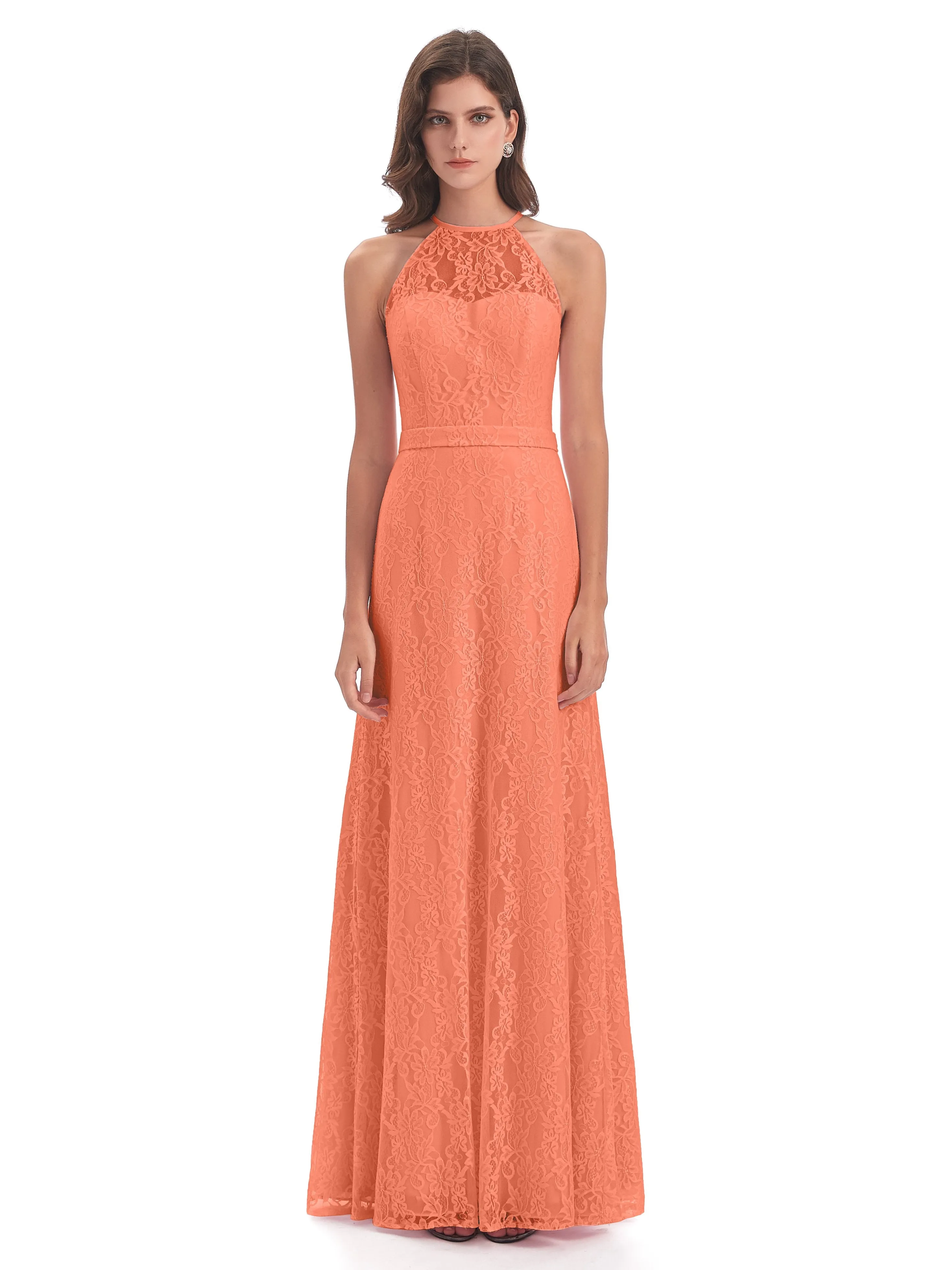 Lily Lace Column Halter Floor-Length Bridesmaid Dresses