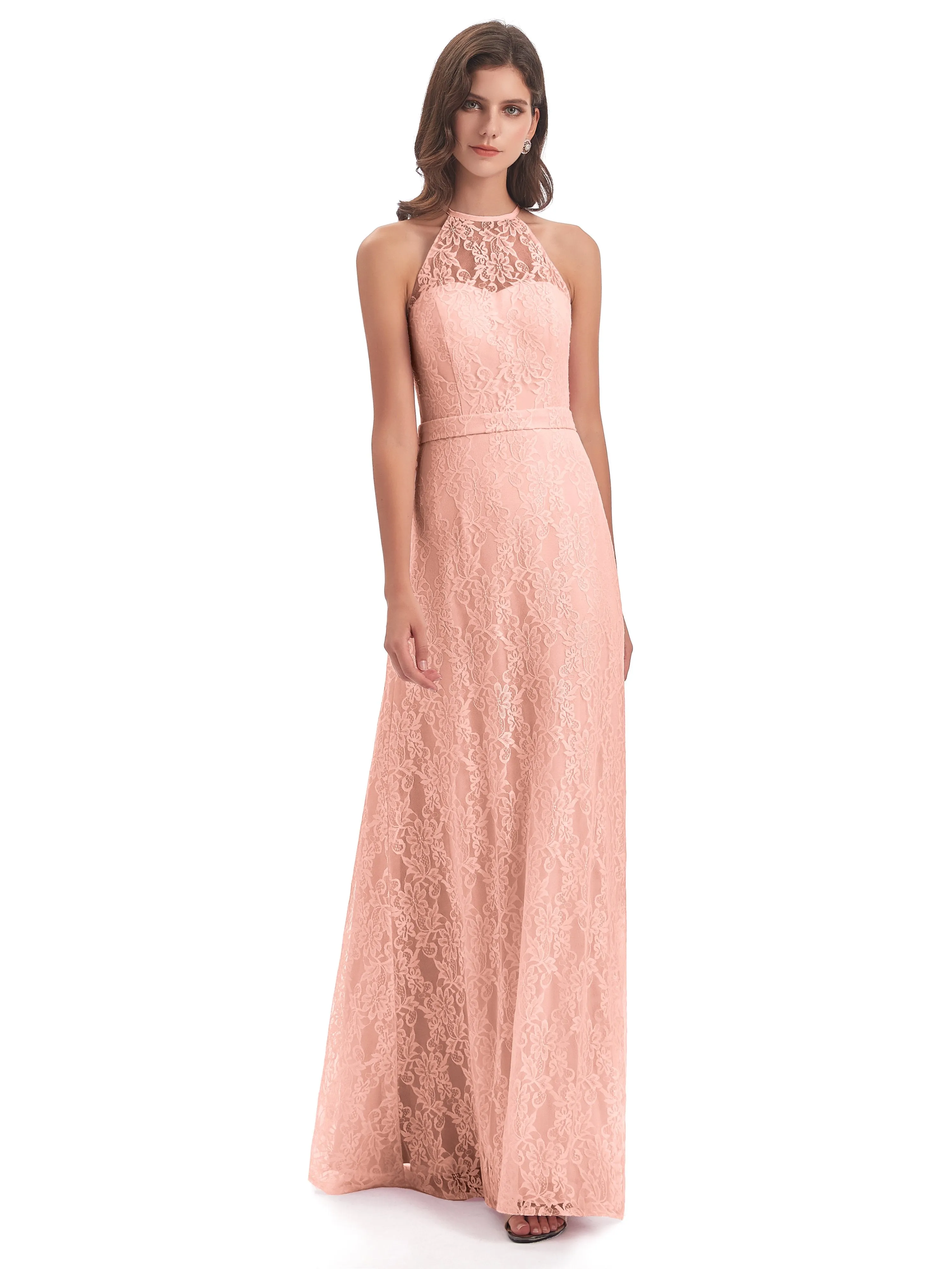 Lily Lace Column Halter Floor-Length Bridesmaid Dresses