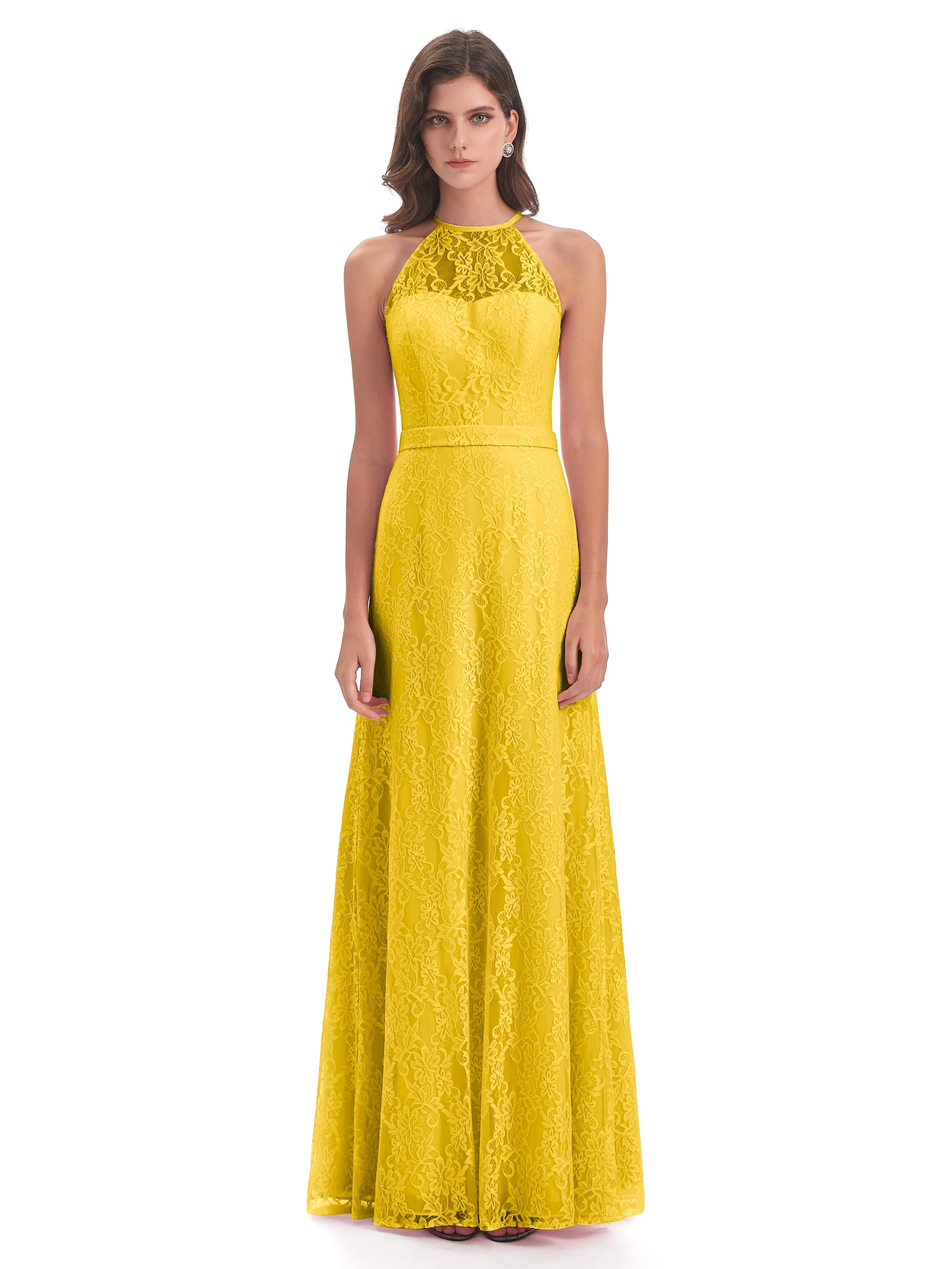 Lily Lace Column Halter Floor-Length Bridesmaid Dresses