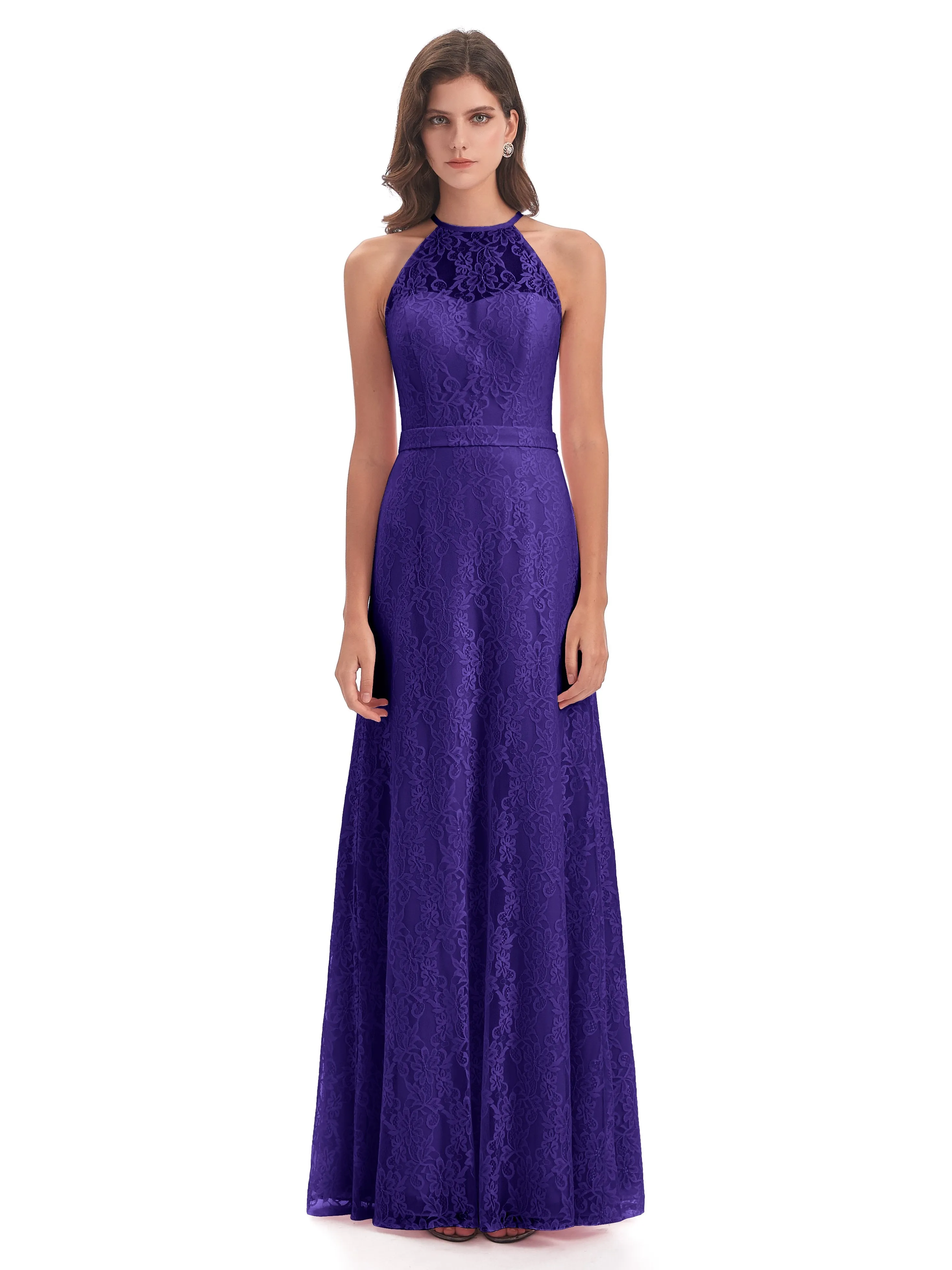 Lily Lace Column Halter Floor-Length Bridesmaid Dresses