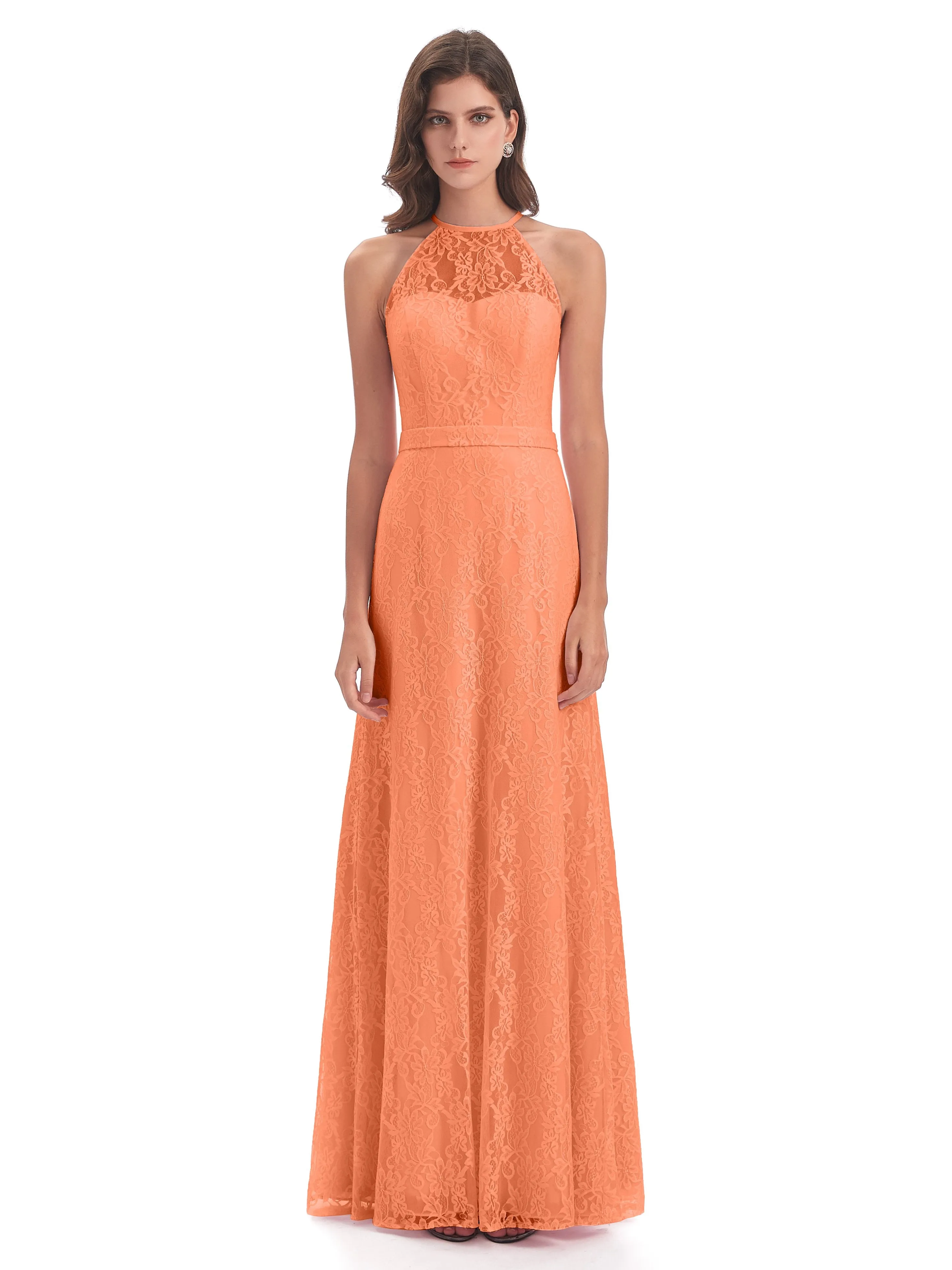 Lily Lace Column Halter Floor-Length Bridesmaid Dresses