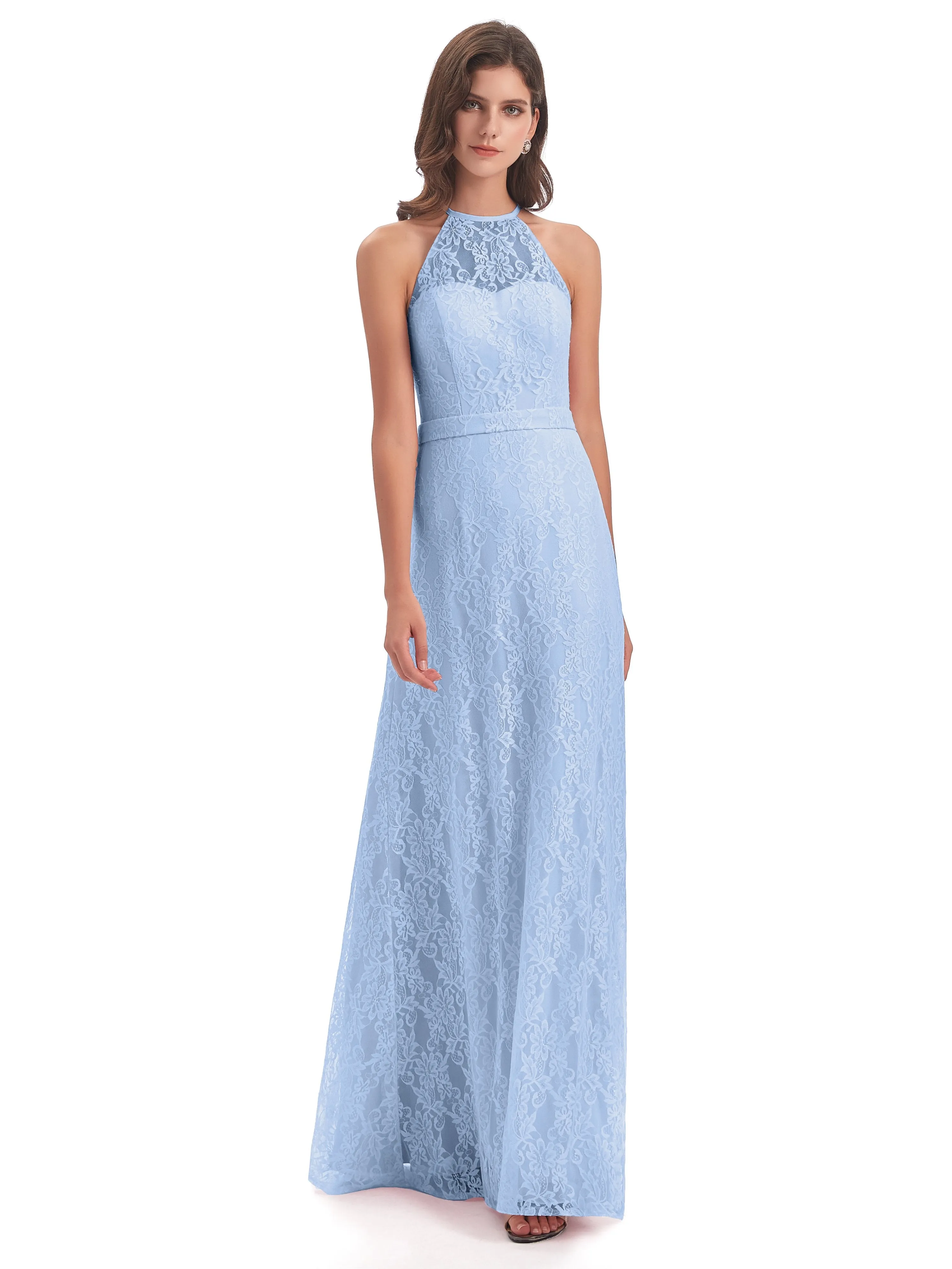 Lily Lace Column Halter Floor-Length Bridesmaid Dresses