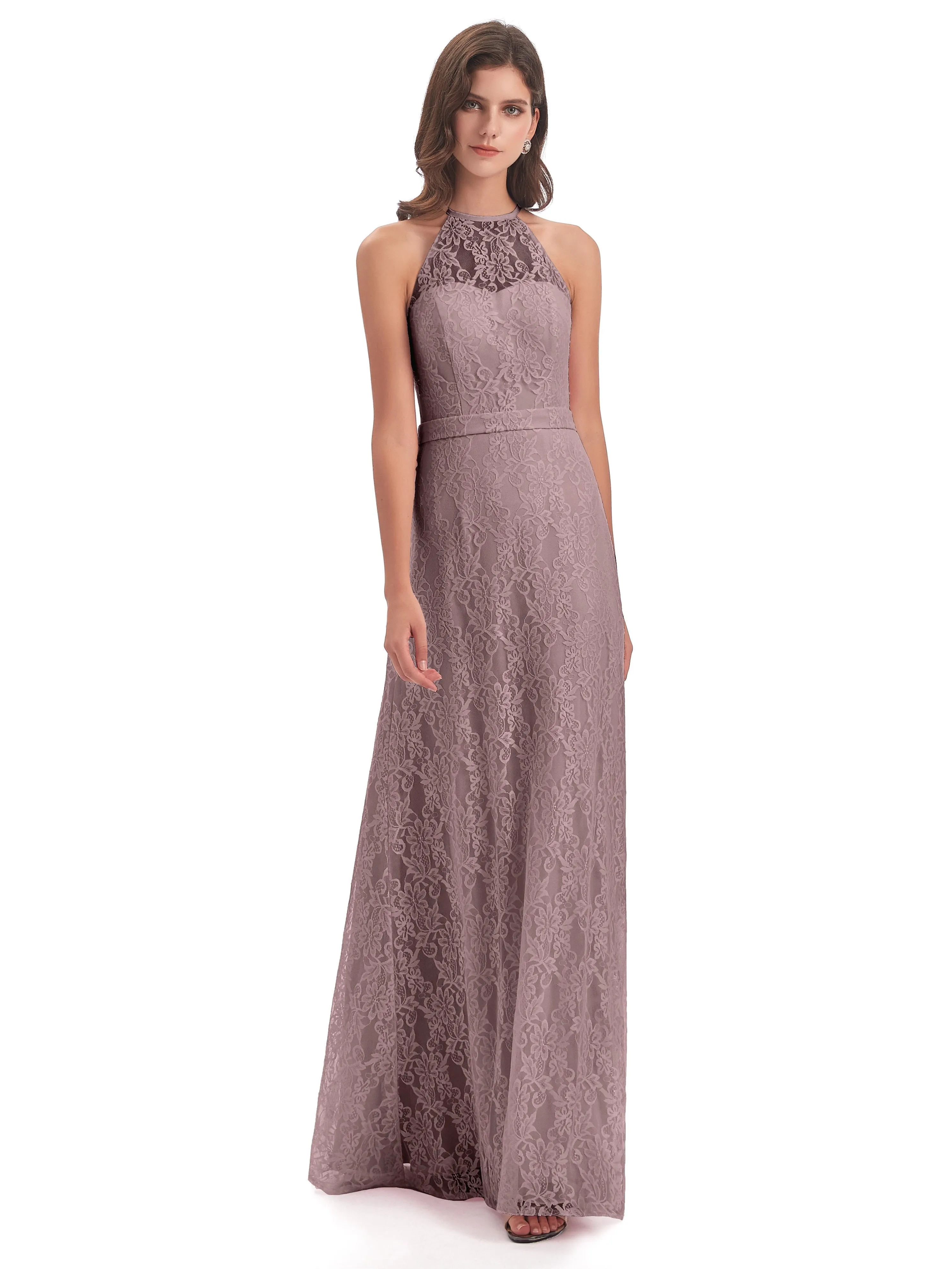 Lily Lace Column Halter Floor-Length Bridesmaid Dresses