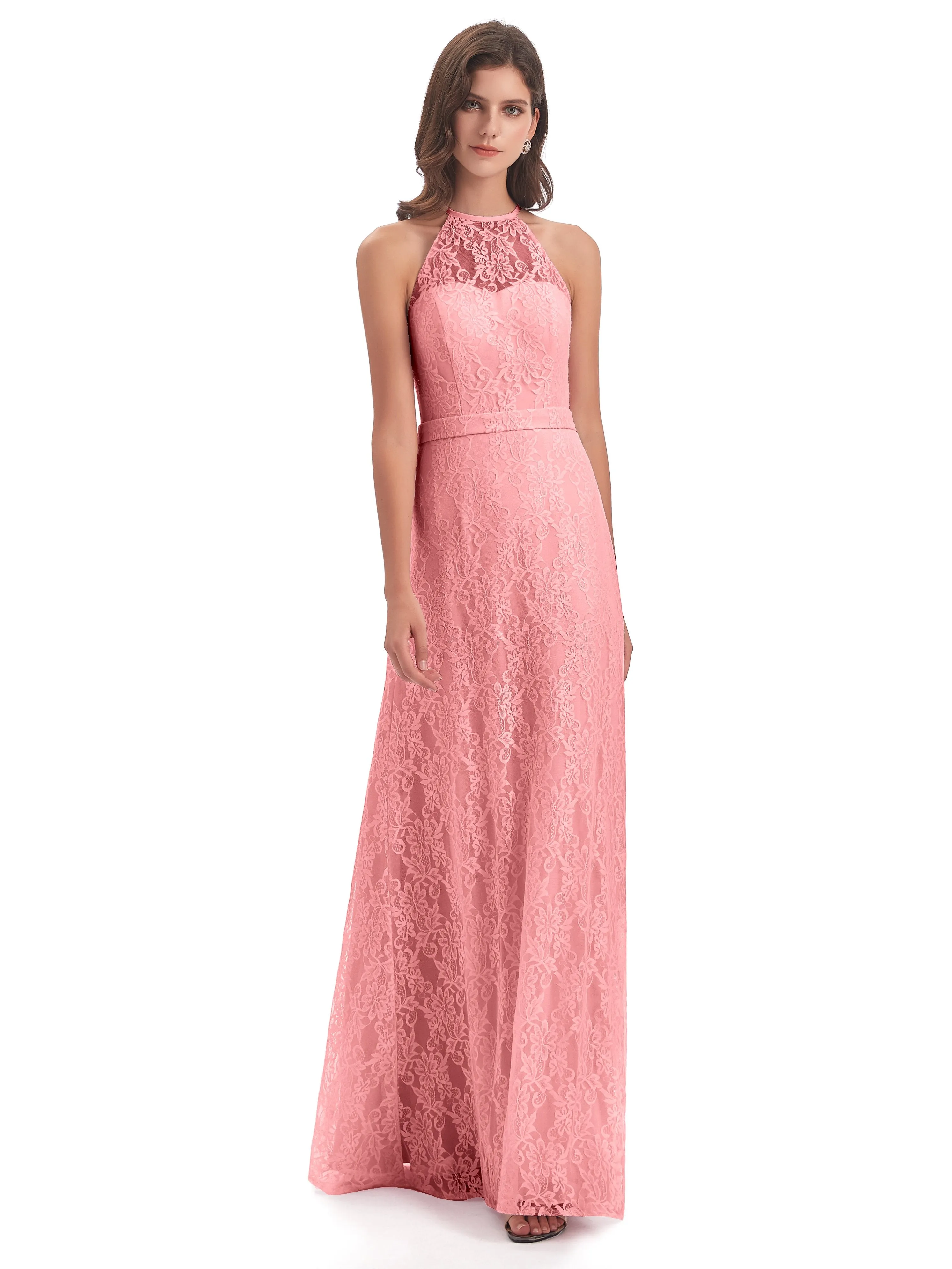 Lily Lace Column Halter Floor-Length Bridesmaid Dresses