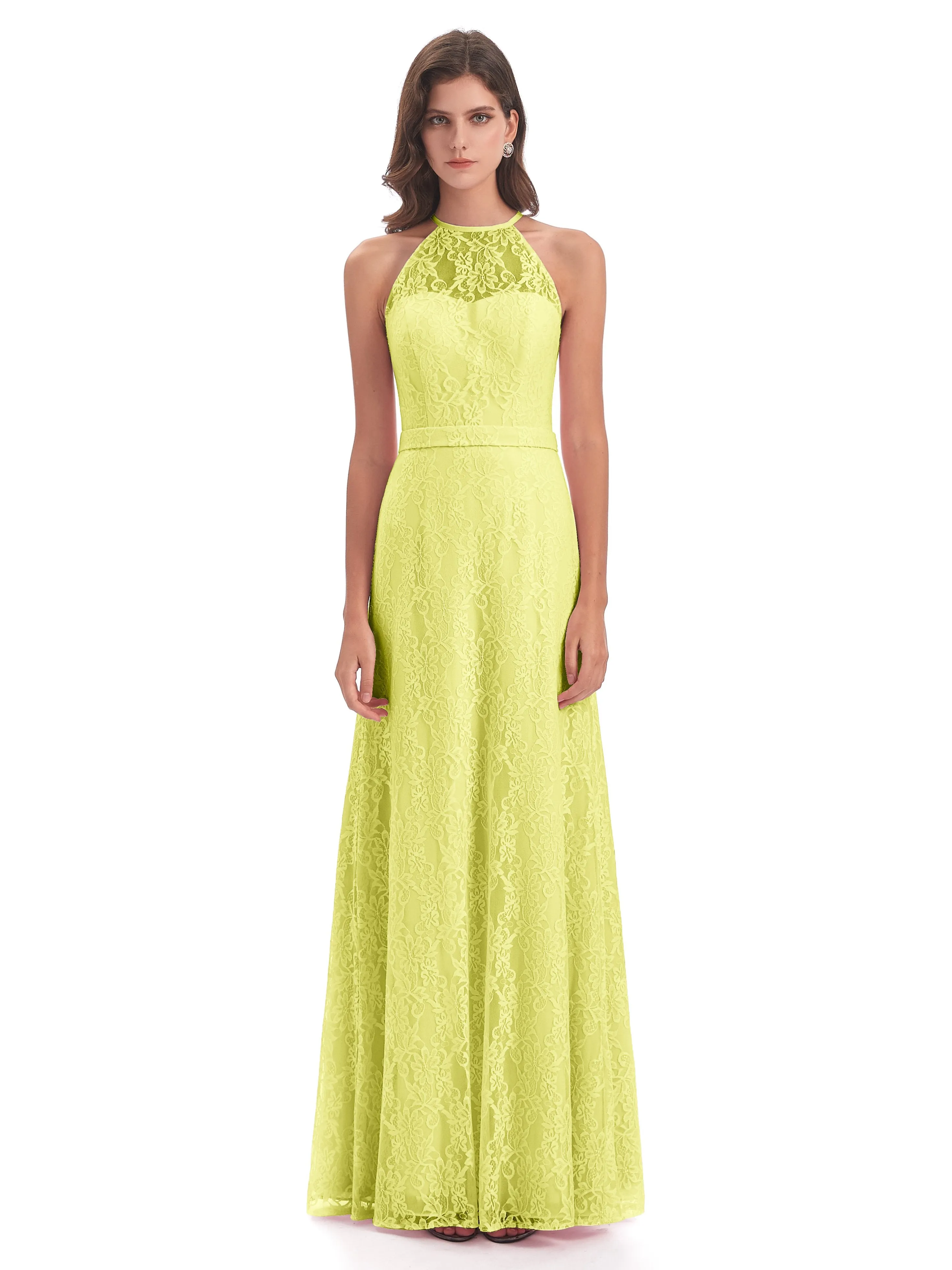 Lily Lace Column Halter Floor-Length Bridesmaid Dresses