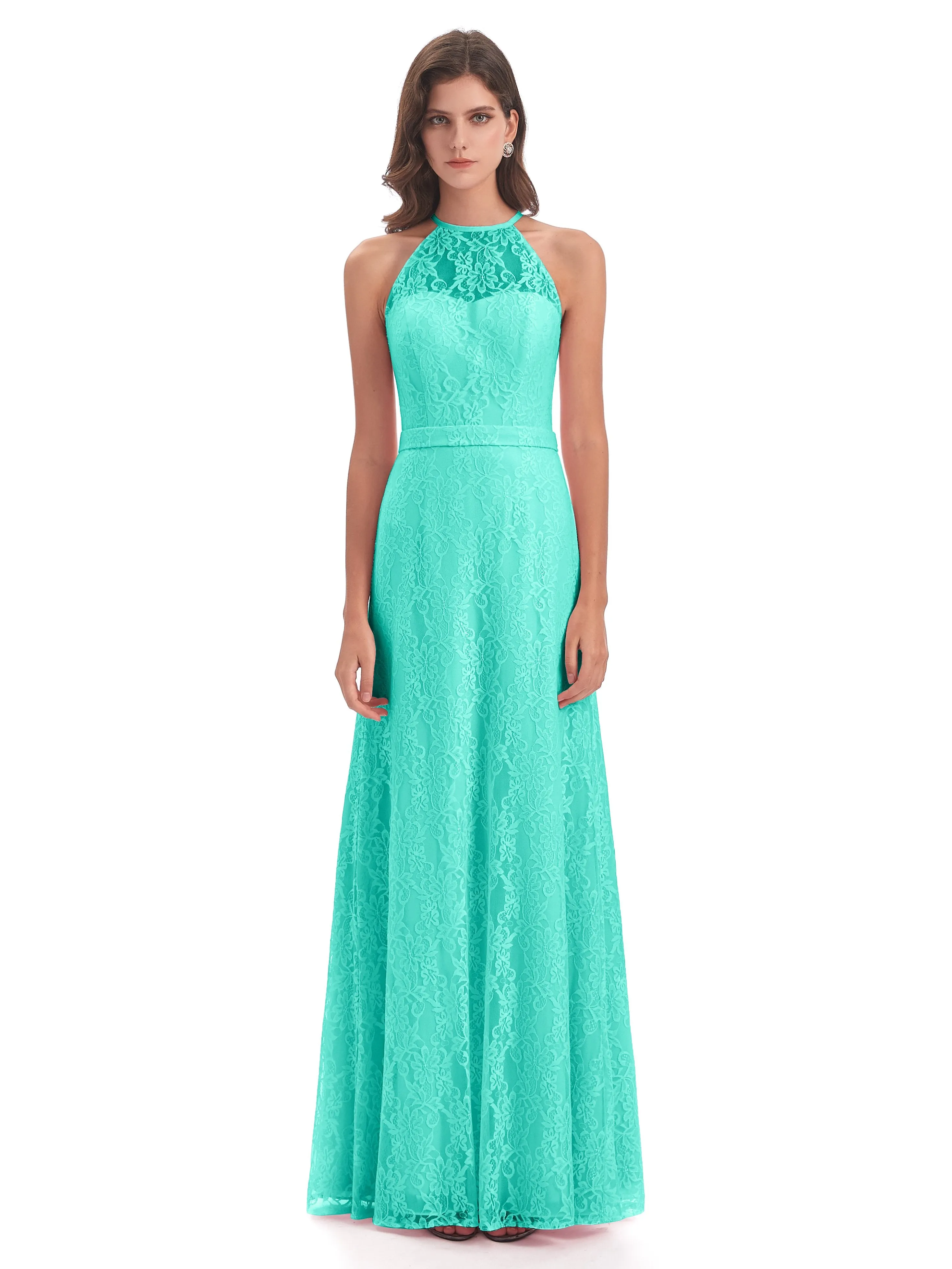 Lily Lace Column Halter Floor-Length Bridesmaid Dresses