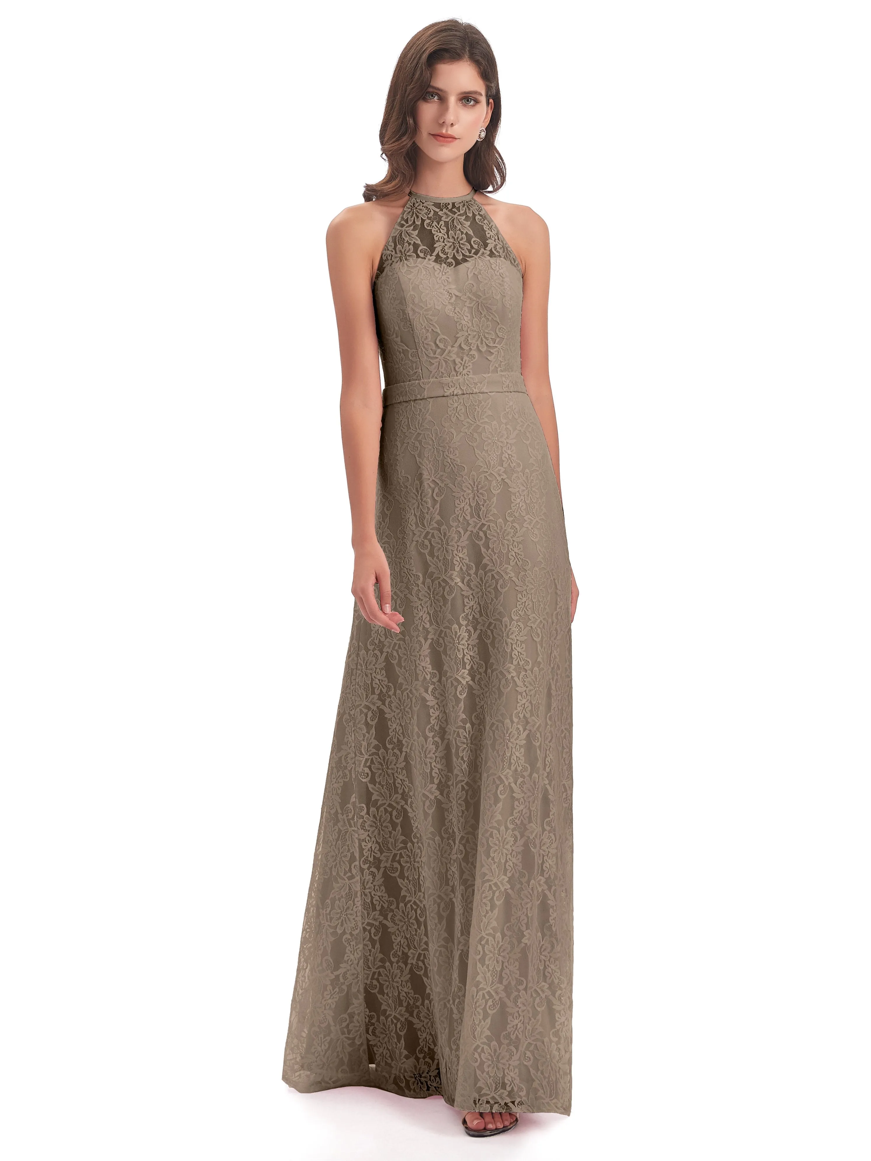 Lily Lace Column Halter Floor-Length Bridesmaid Dresses