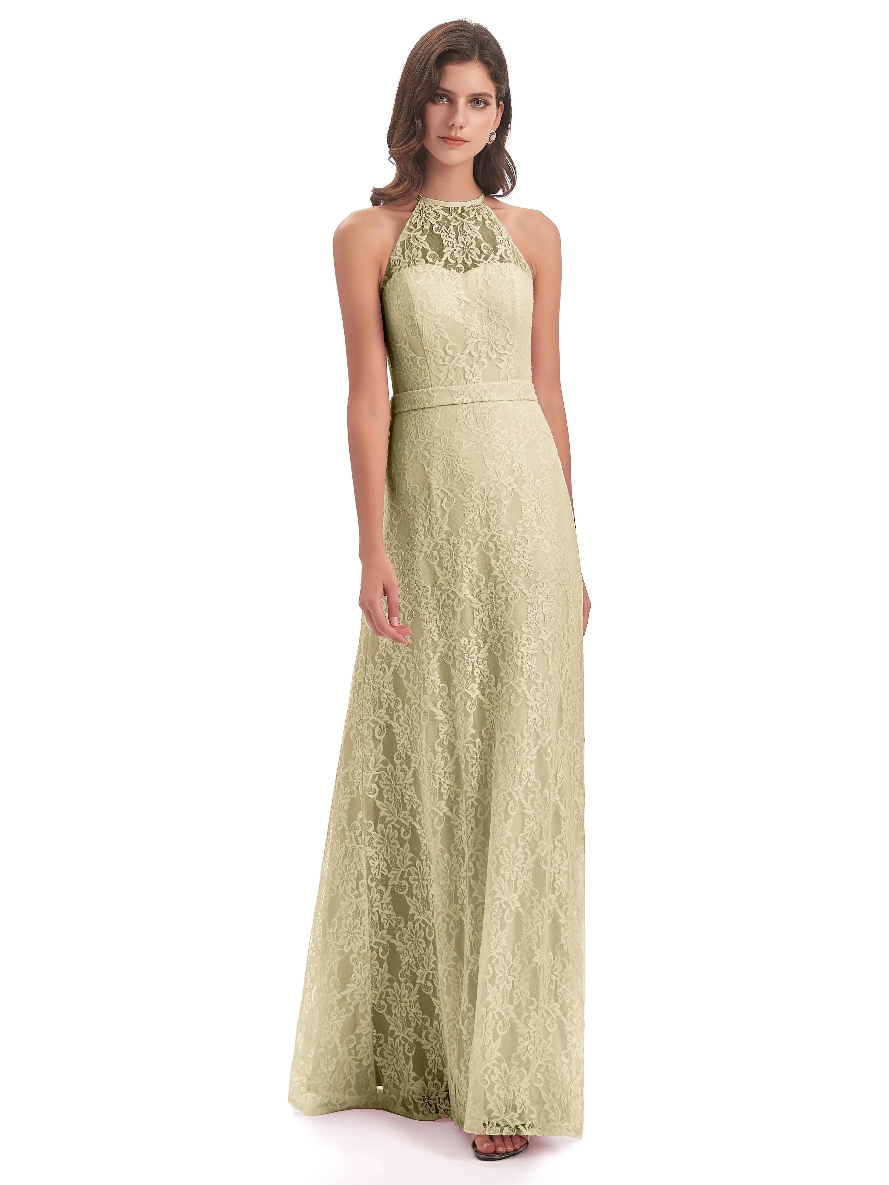 Lily Lace Column Halter Floor-Length Bridesmaid Dresses