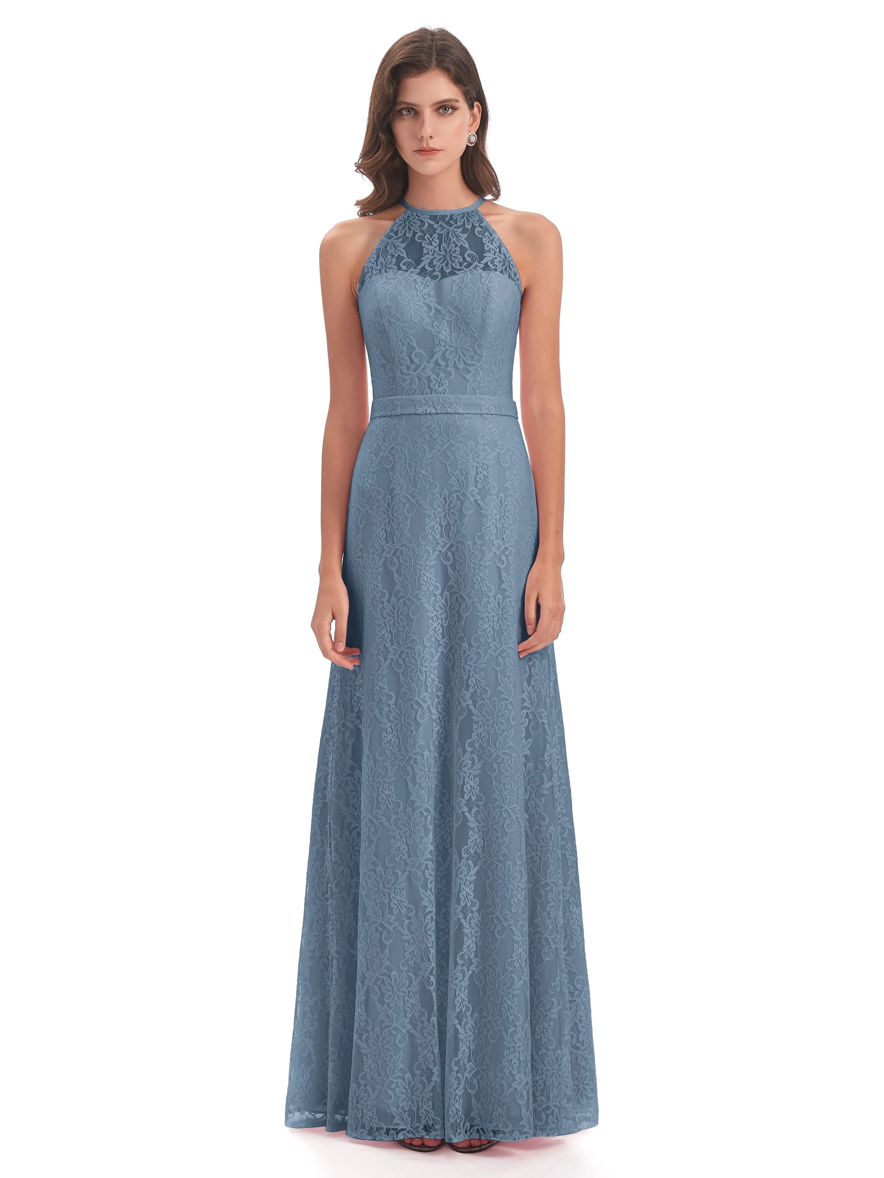 Lily Lace Column Halter Floor-Length Bridesmaid Dresses