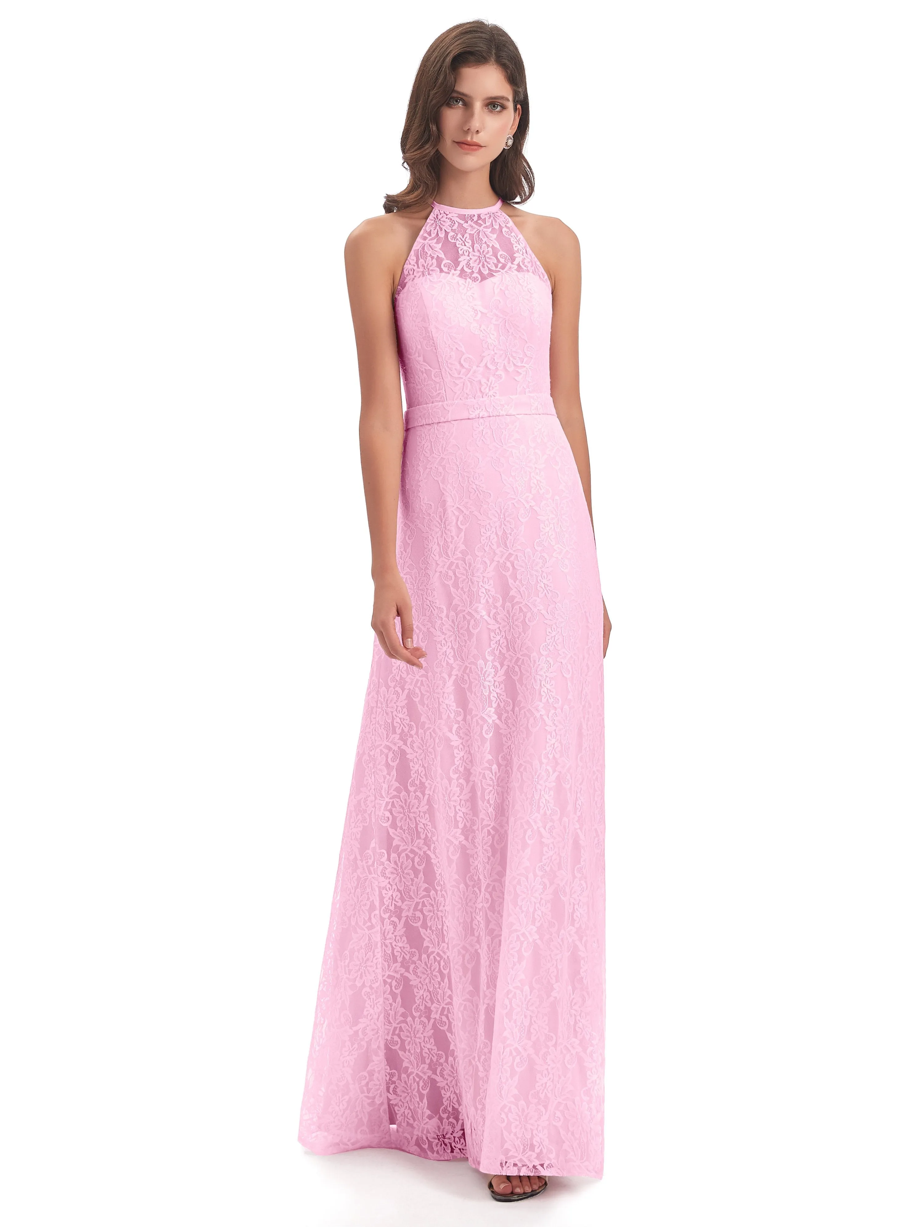 Lily Lace Column Halter Floor-Length Bridesmaid Dresses