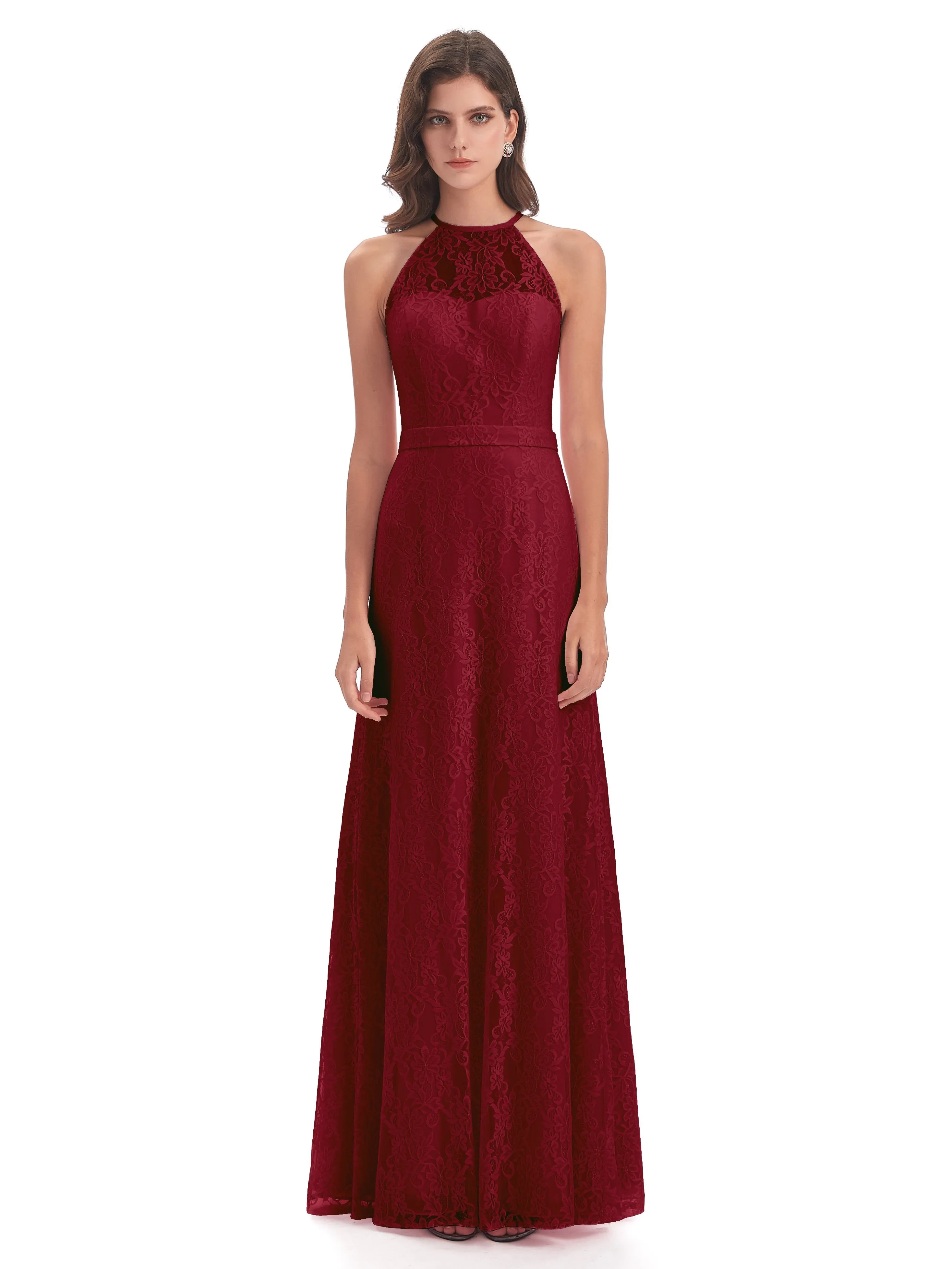 Lily Lace Column Halter Floor-Length Bridesmaid Dresses