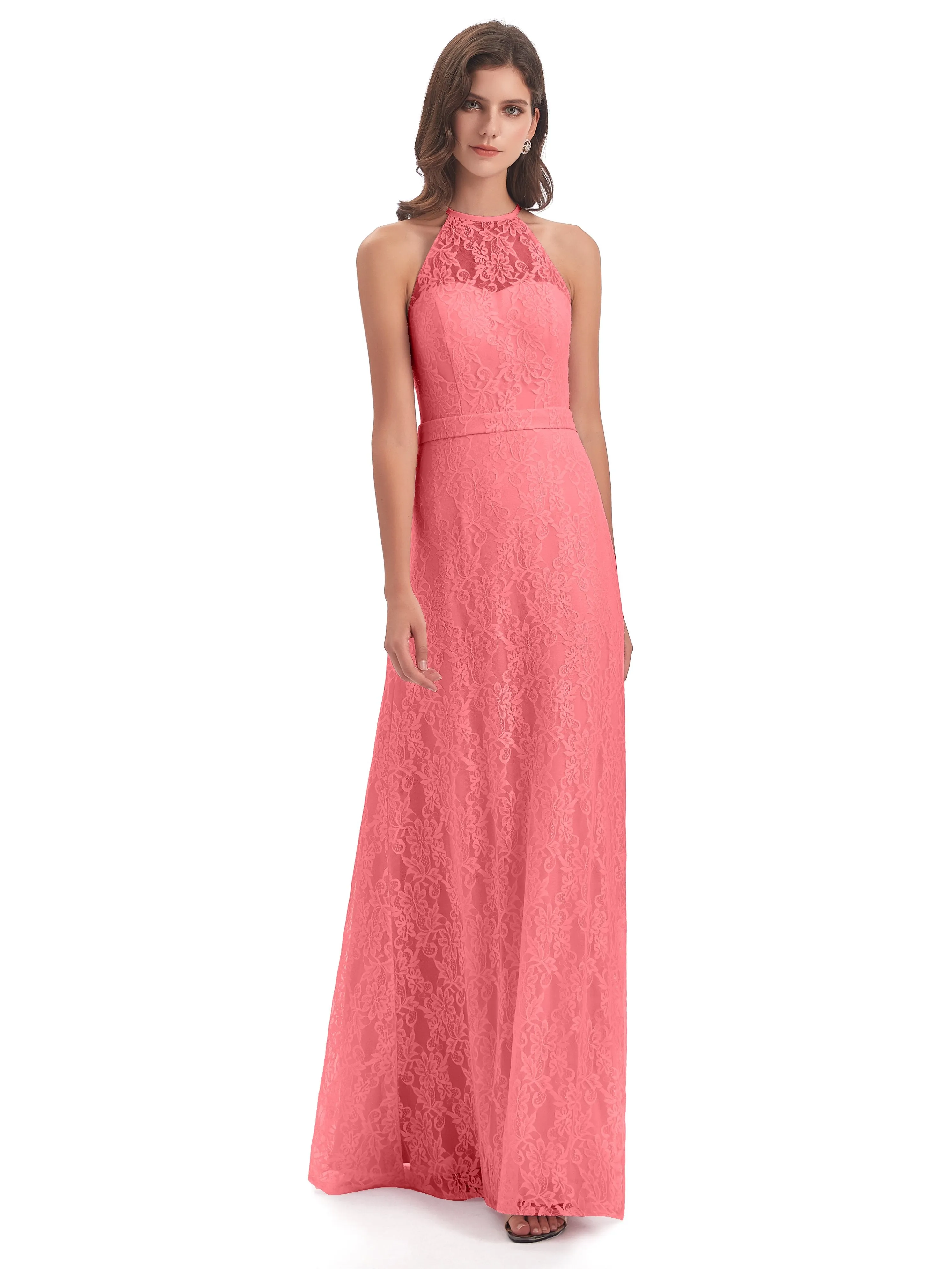 Lily Lace Column Halter Floor-Length Bridesmaid Dresses