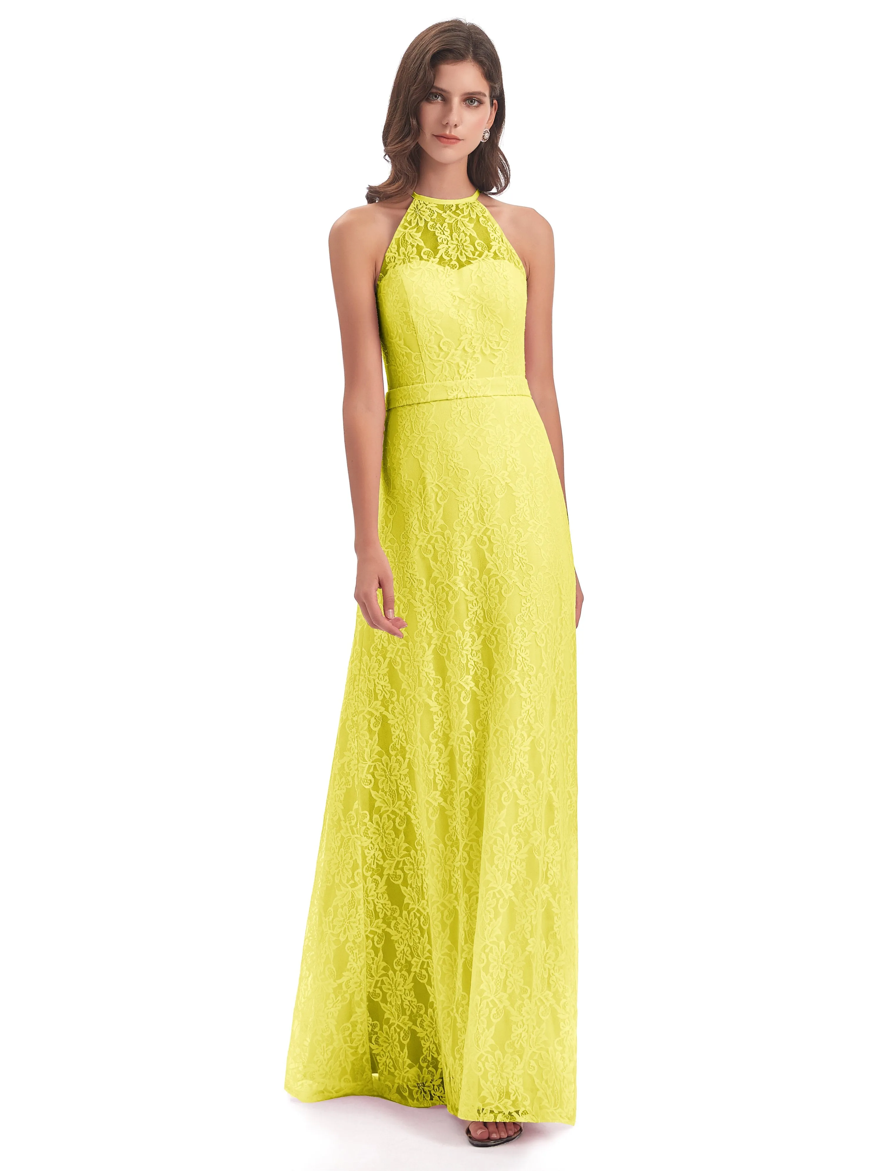 Lily Lace Column Halter Floor-Length Bridesmaid Dresses