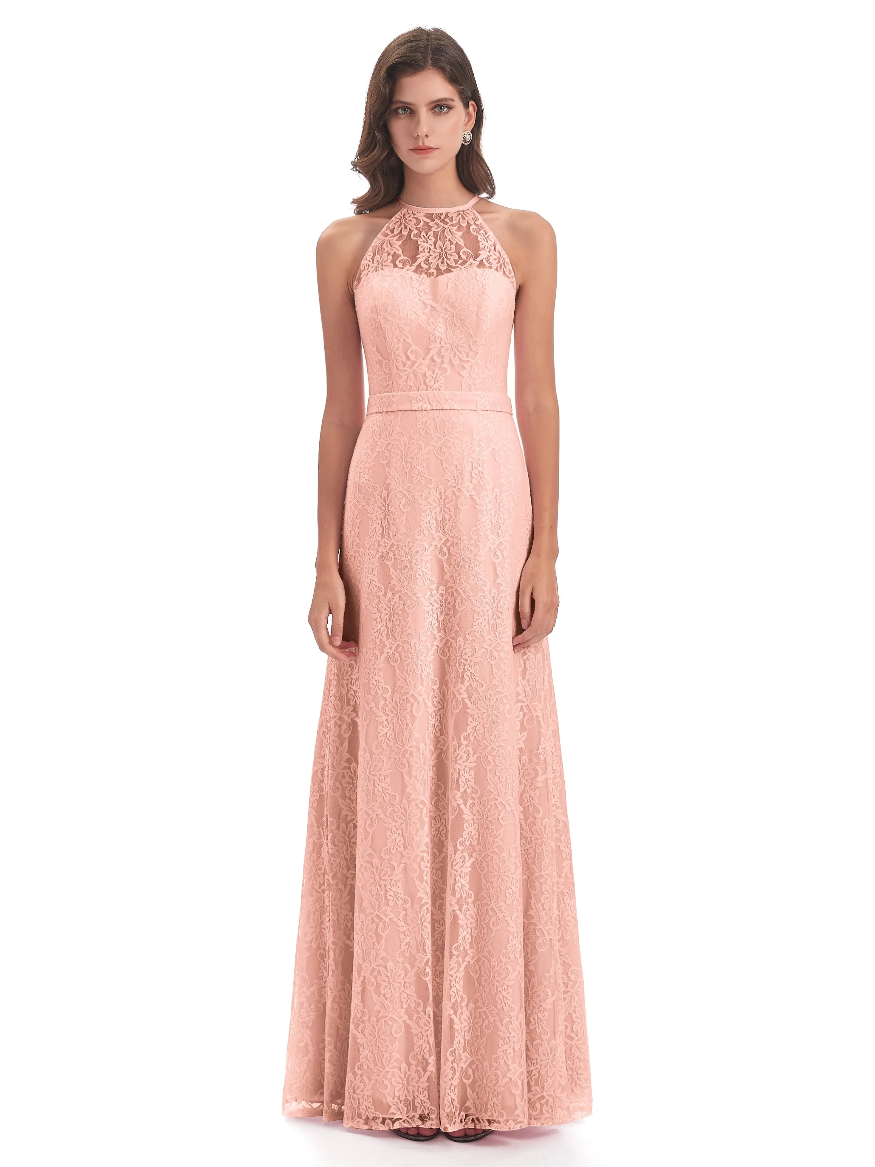 Lily Lace Column Halter Floor-Length Bridesmaid Dresses