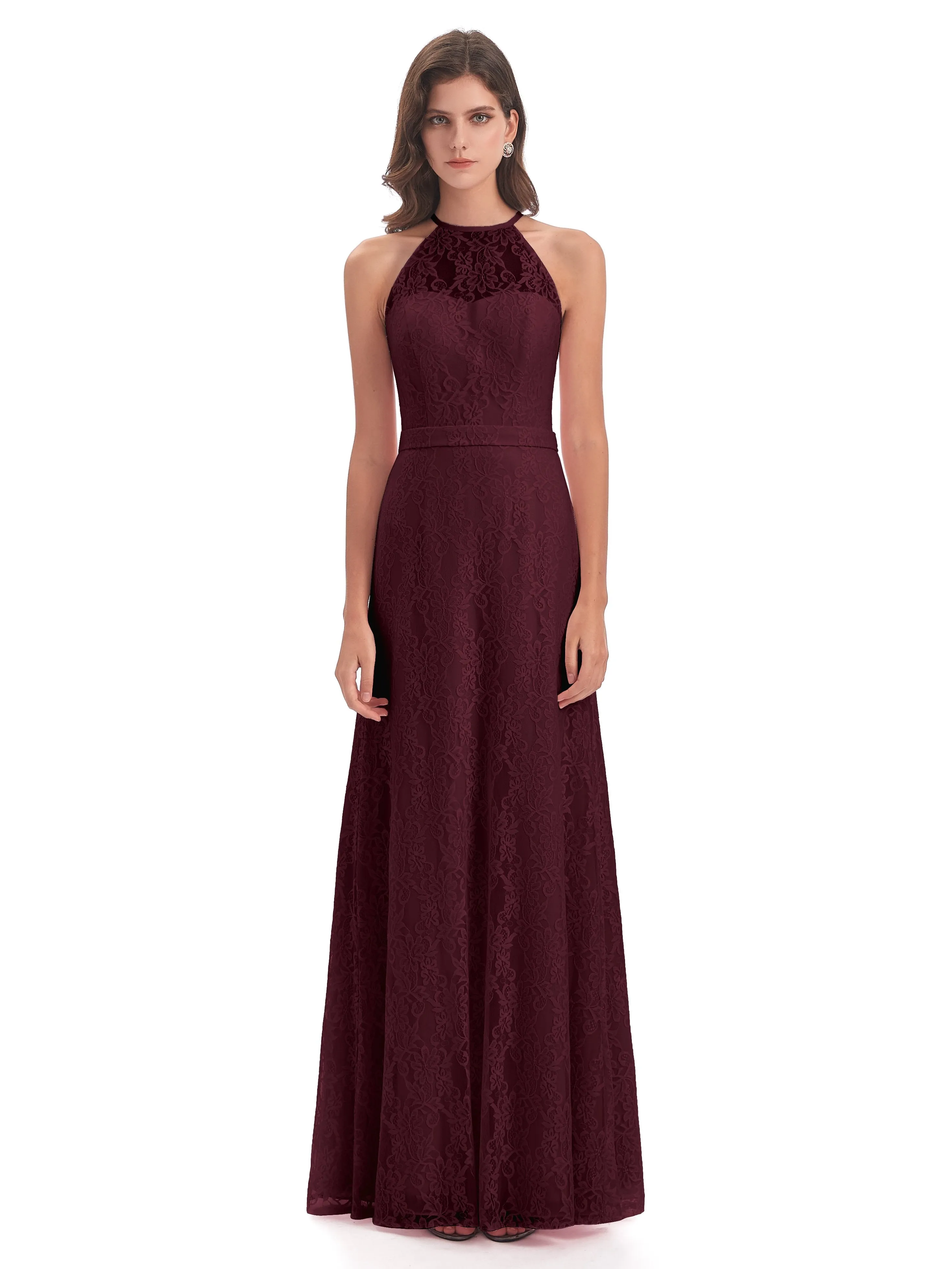 Lily Lace Column Halter Floor-Length Bridesmaid Dresses