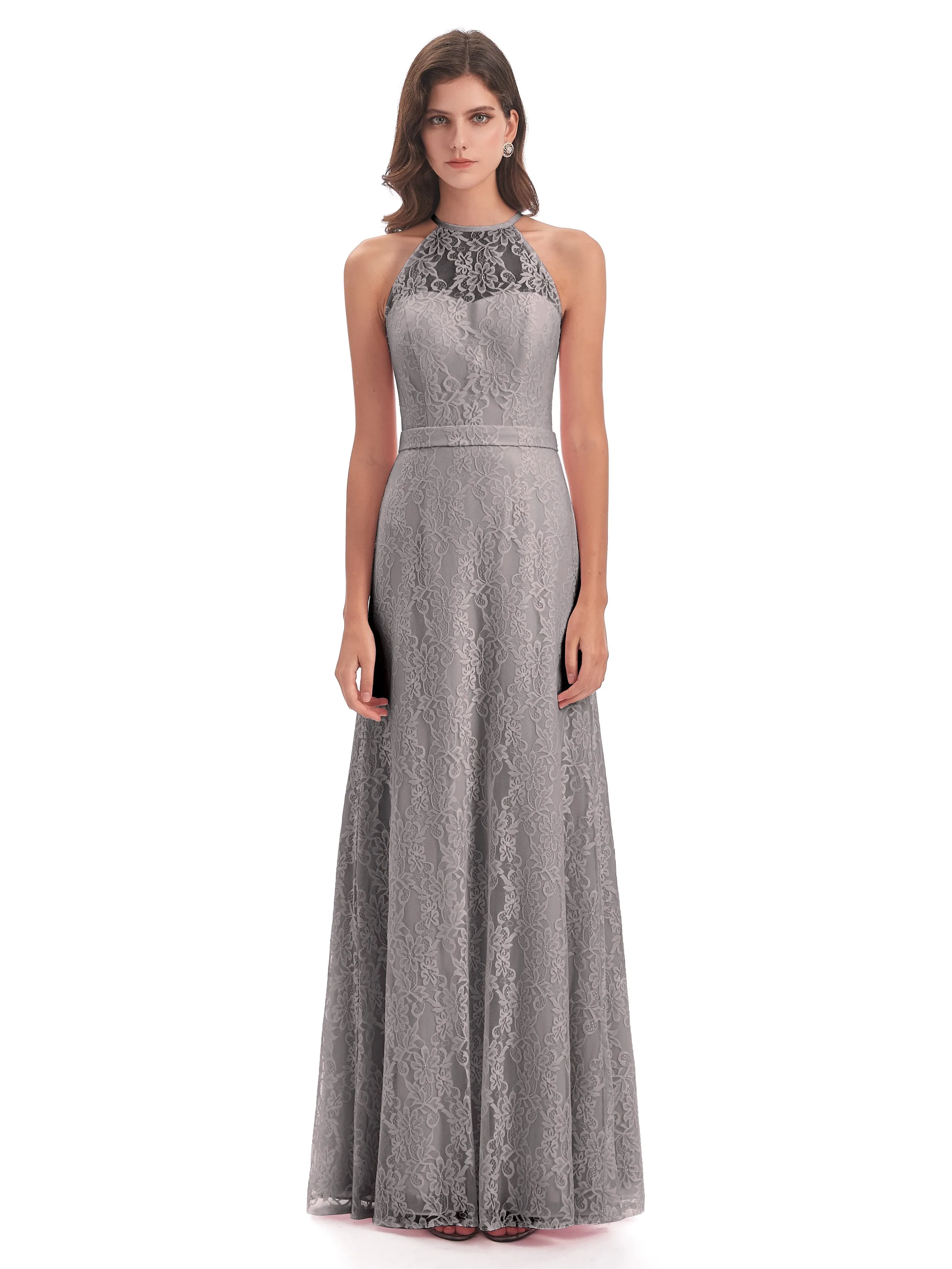 Lily Lace Column Halter Floor-Length Bridesmaid Dresses