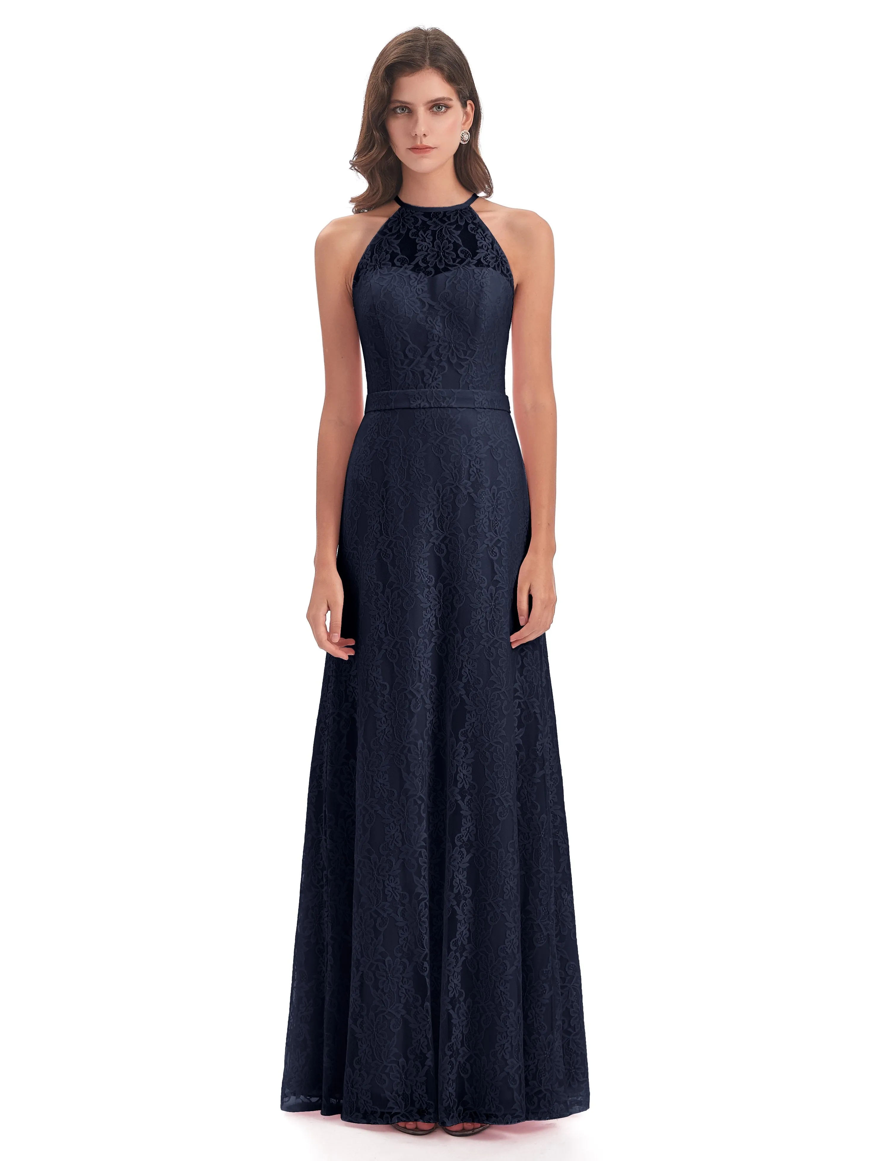 Lily Lace Column Halter Floor-Length Bridesmaid Dresses