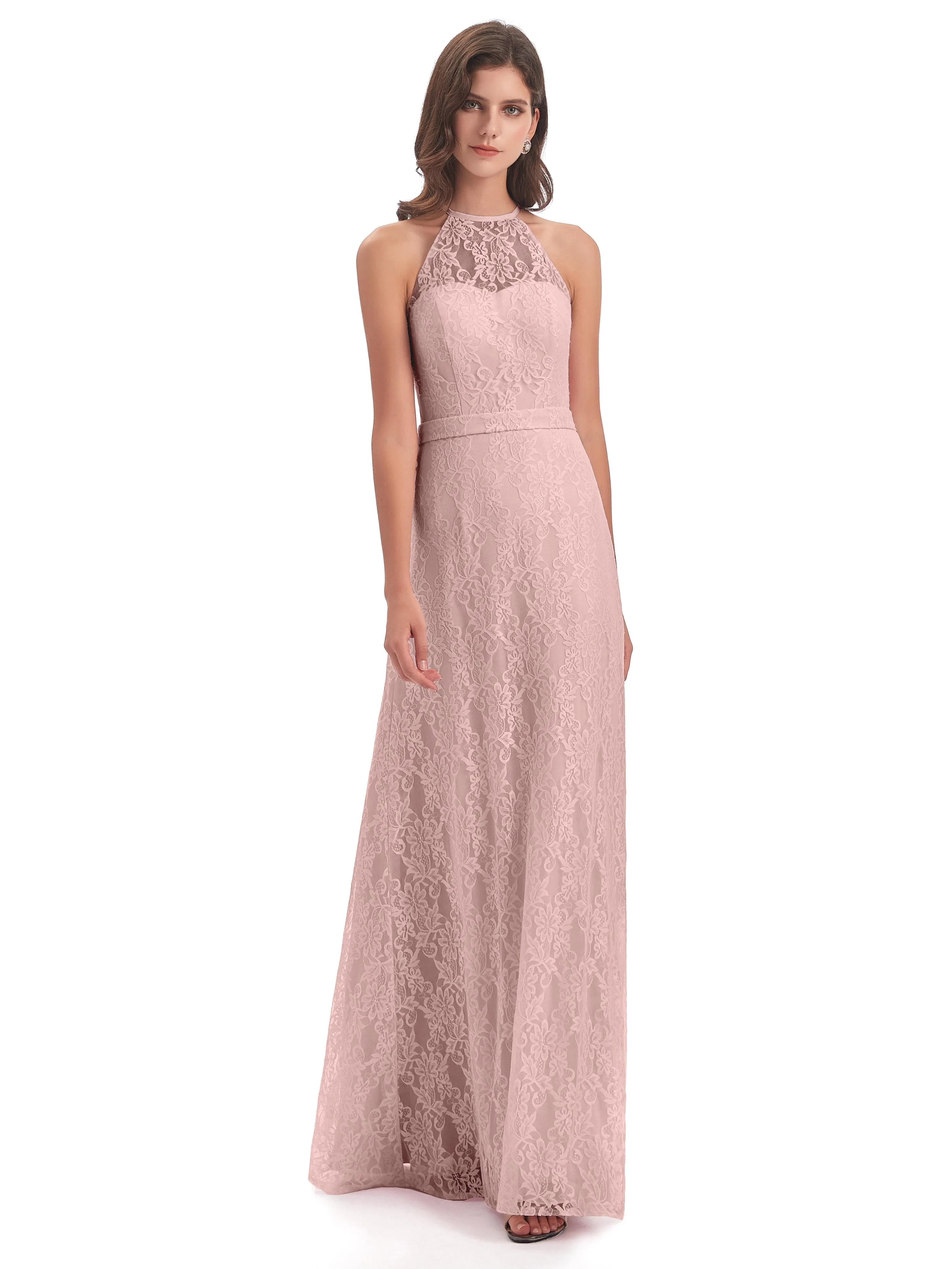 Lily Lace Column Halter Floor-Length Bridesmaid Dresses