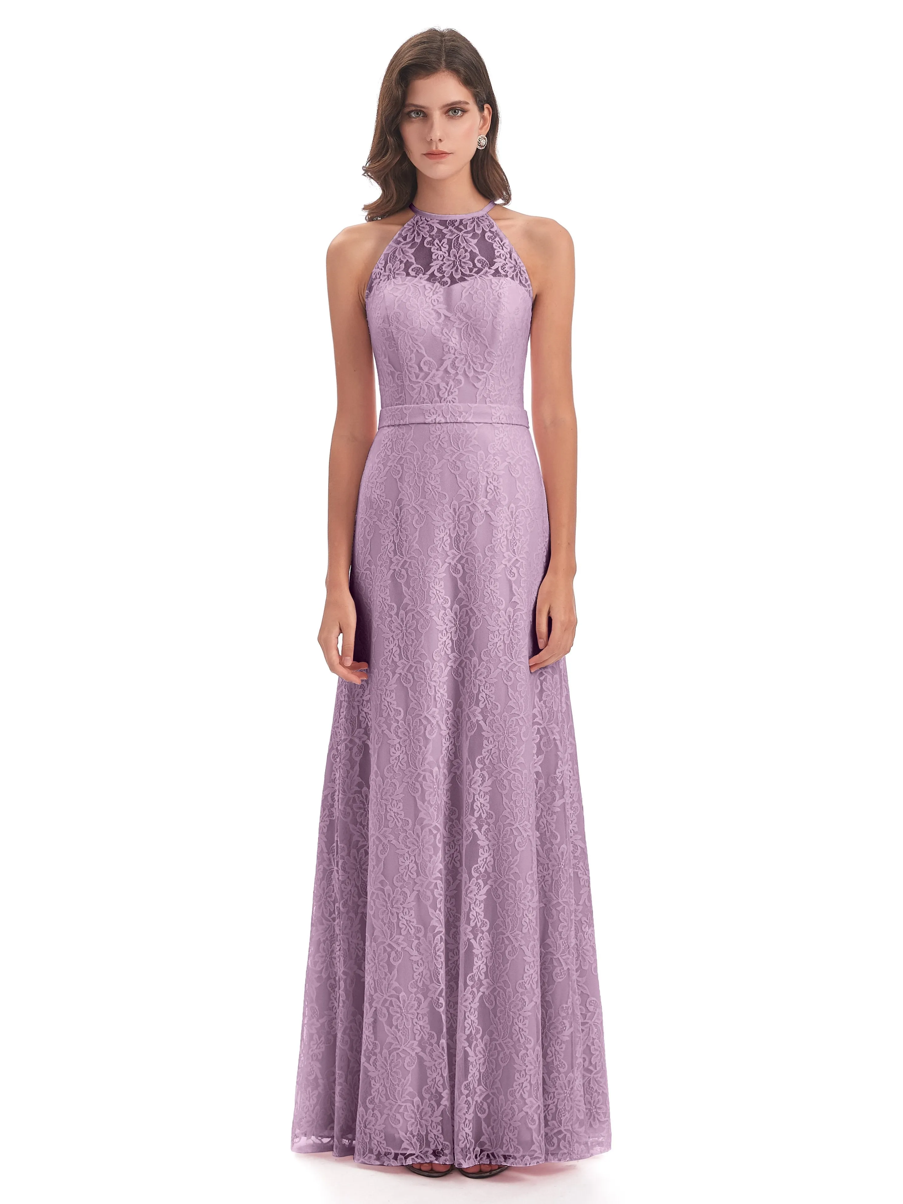 Lily Lace Column Halter Floor-Length Bridesmaid Dresses