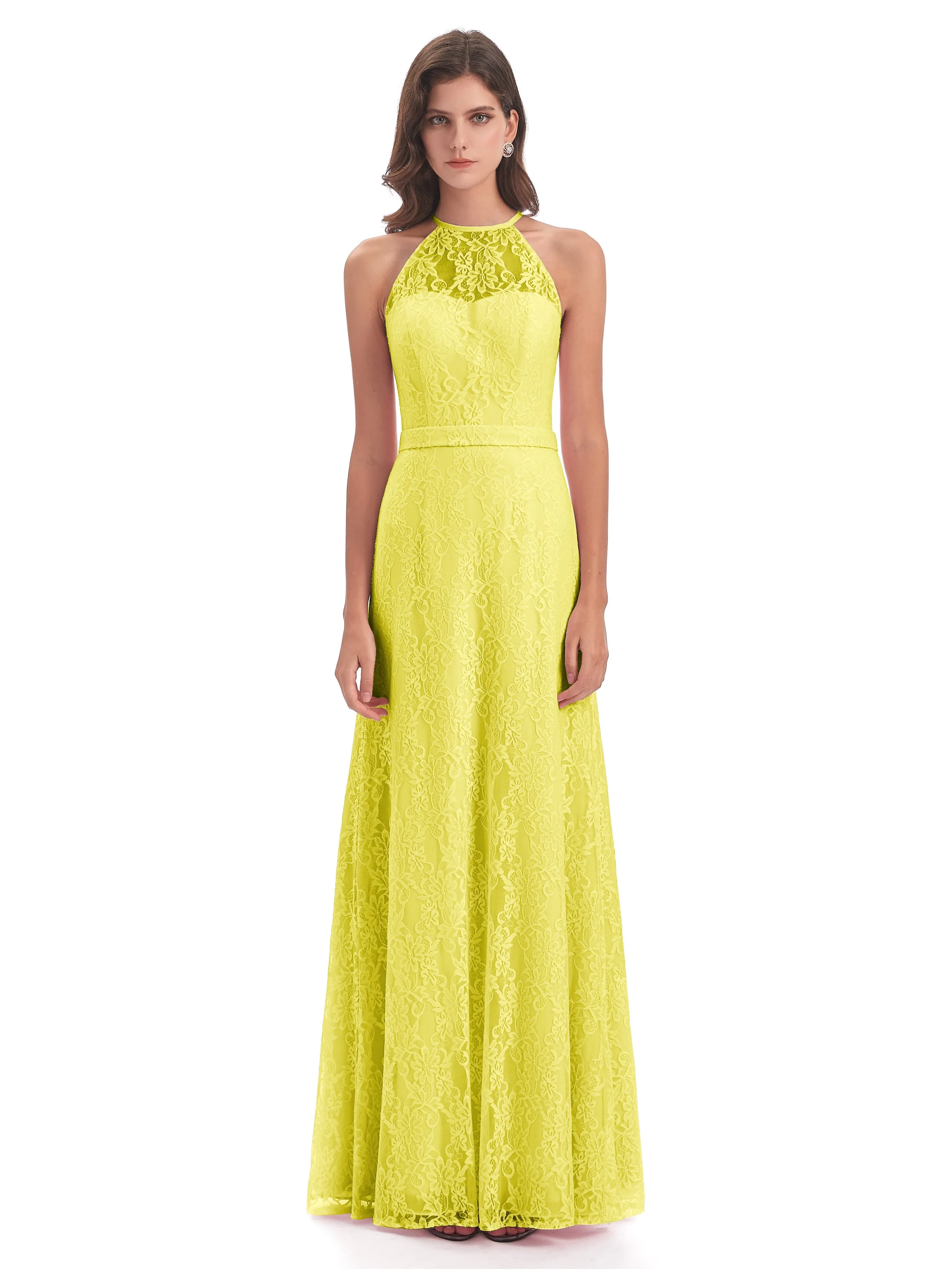 Lily Lace Column Halter Floor-Length Bridesmaid Dresses