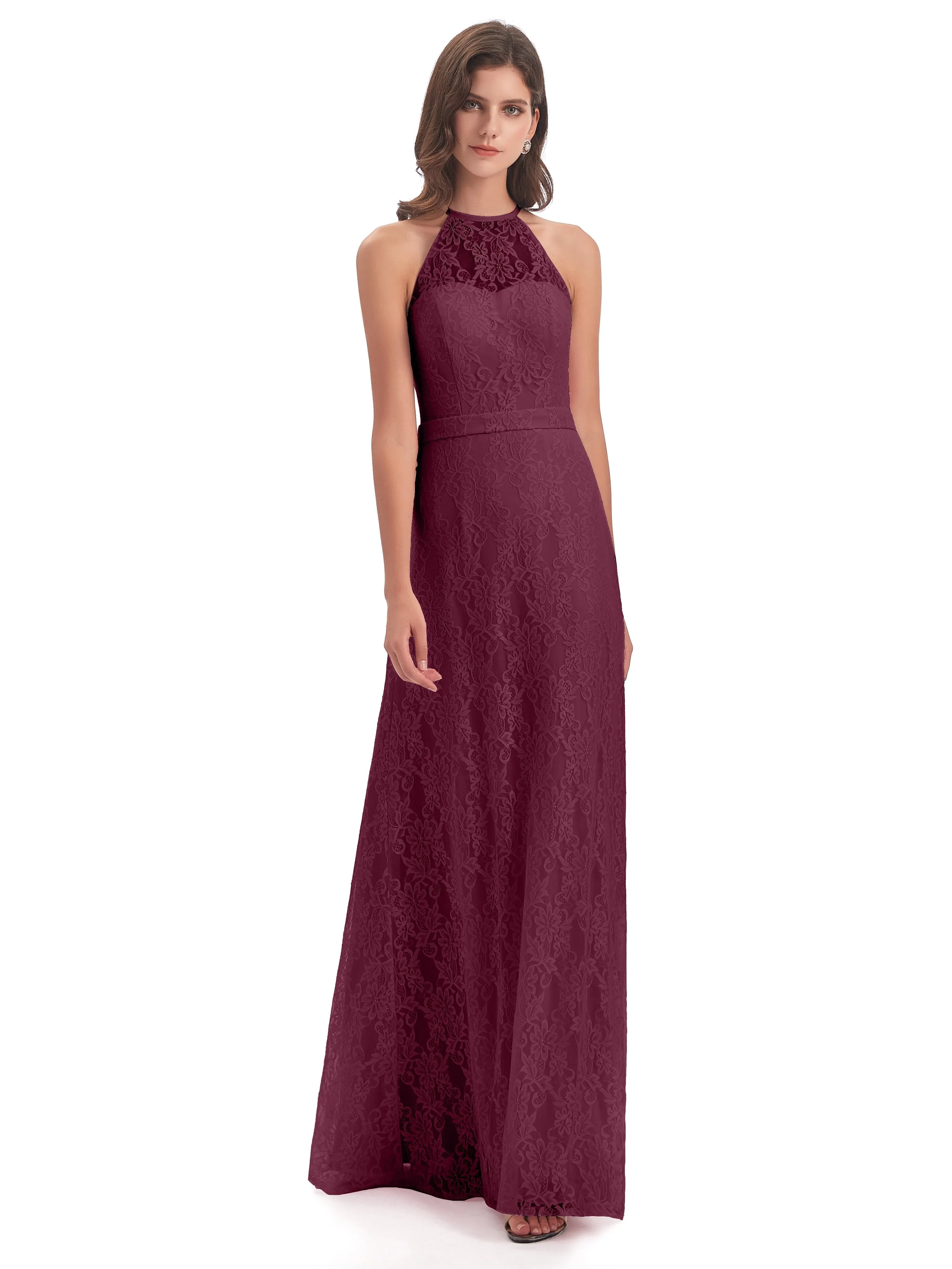 Lily Lace Column Halter Floor-Length Bridesmaid Dresses