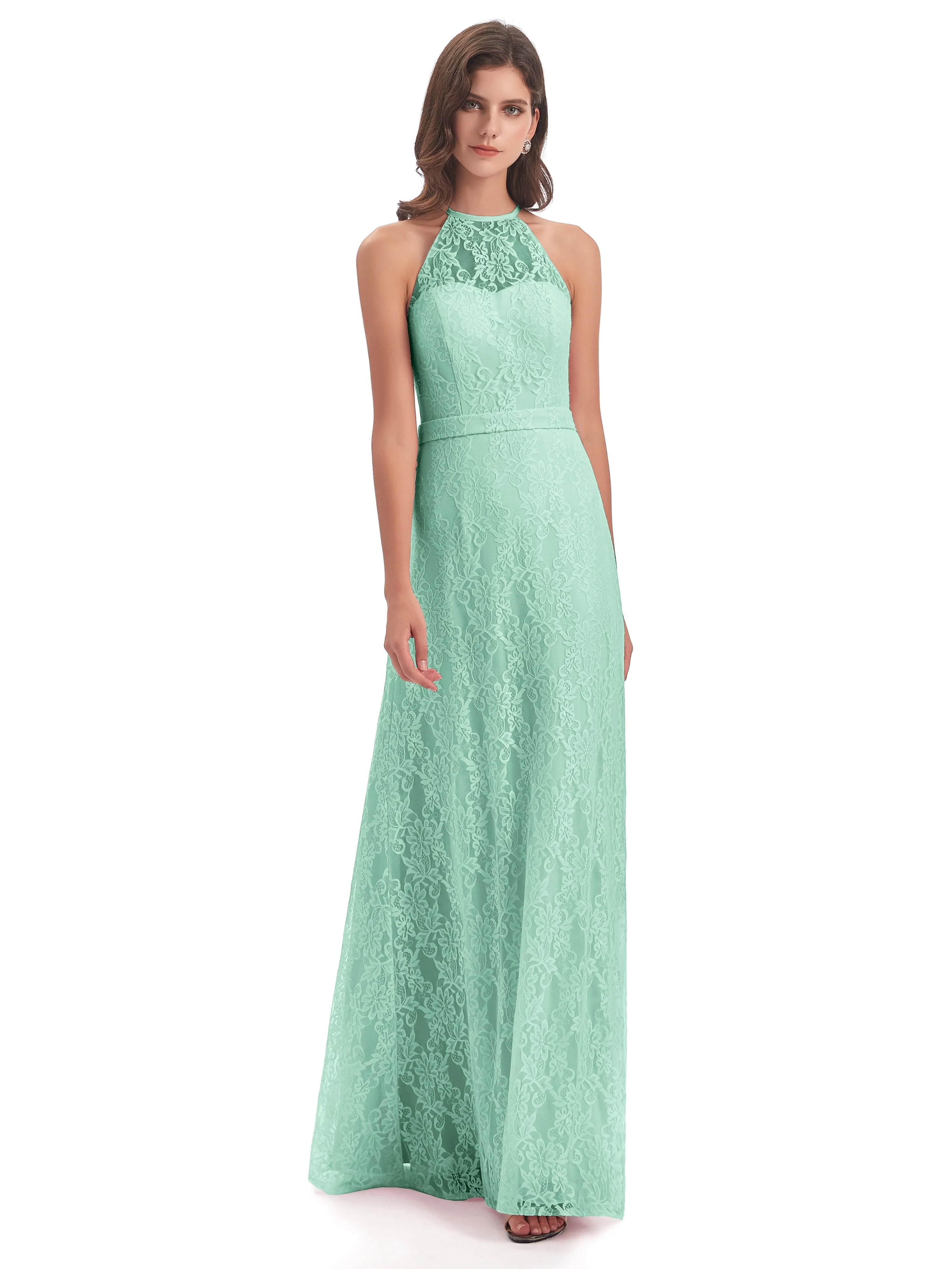 Lily Lace Column Halter Floor-Length Bridesmaid Dresses