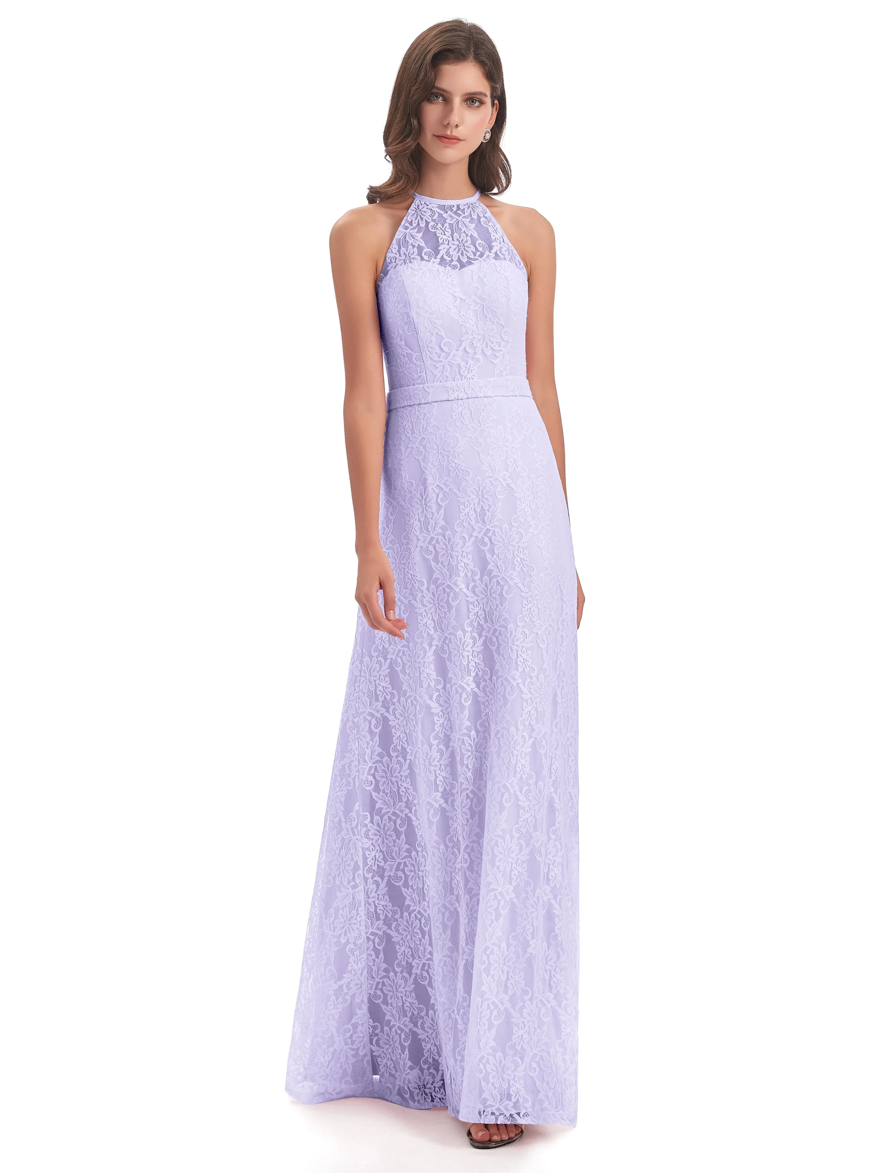 Lily Lace Column Halter Floor-Length Bridesmaid Dresses