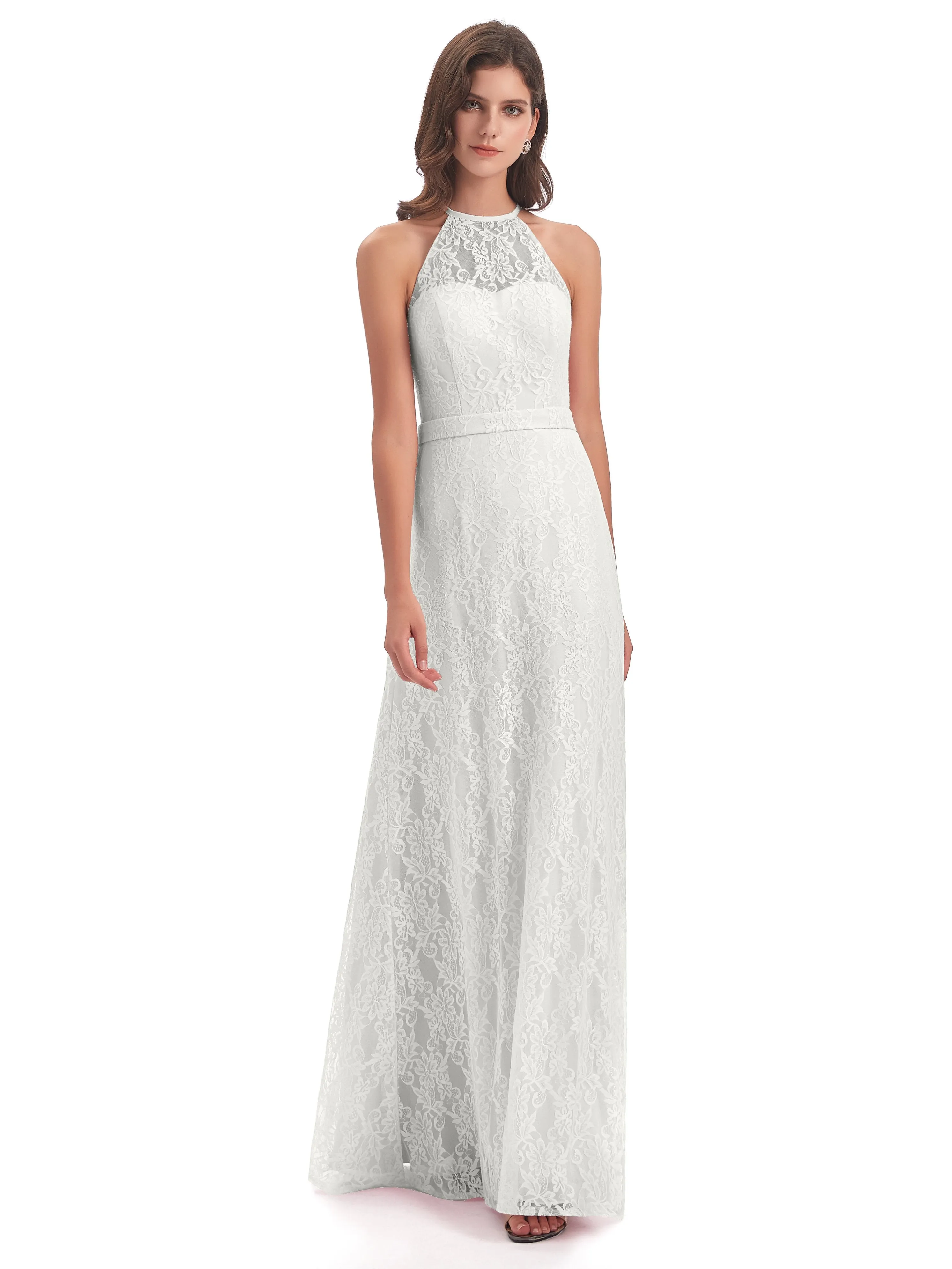 Lily Lace Column Halter Floor-Length Bridesmaid Dresses