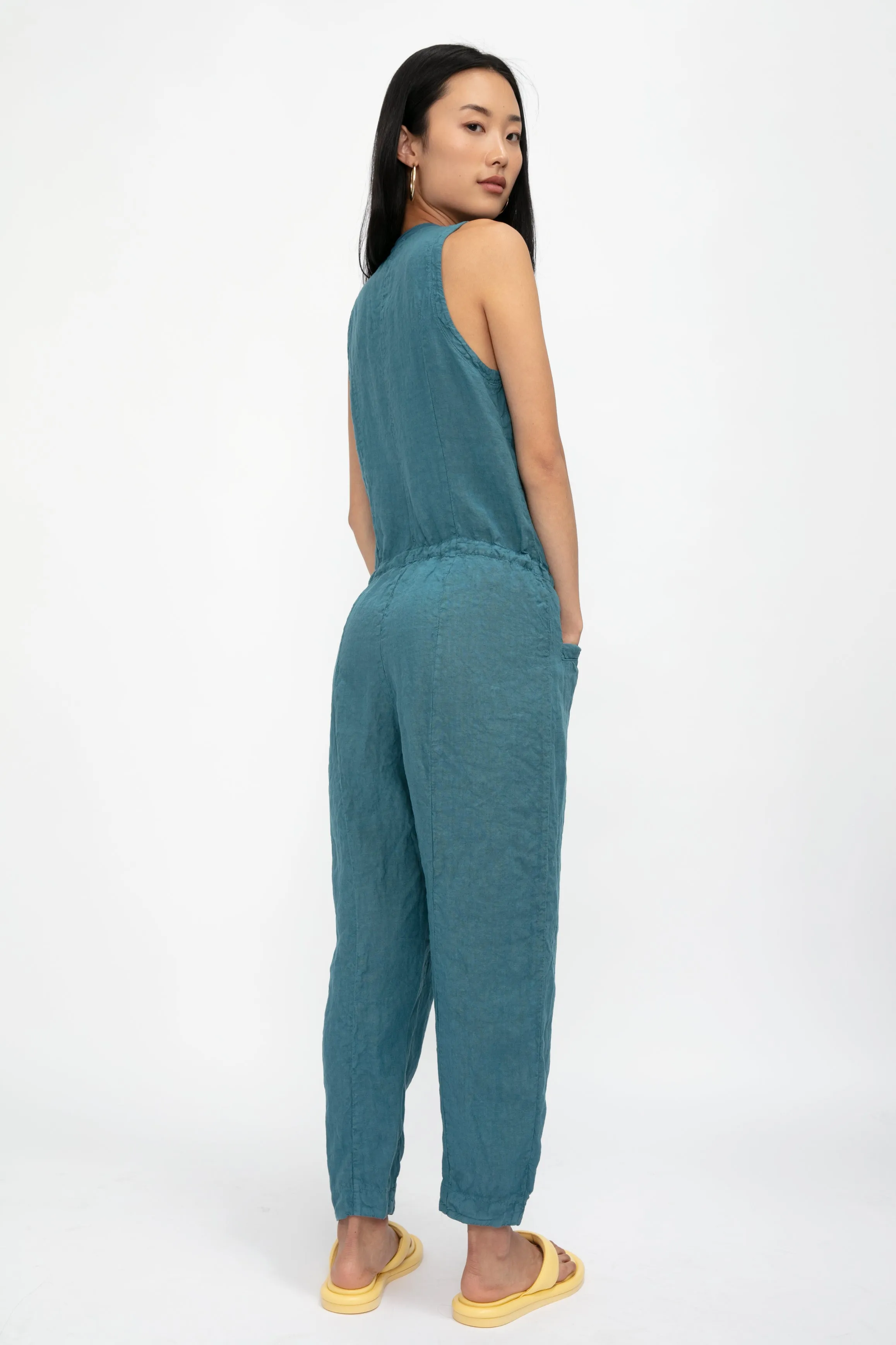 Linen Button Down Jumpsuit in Octanium