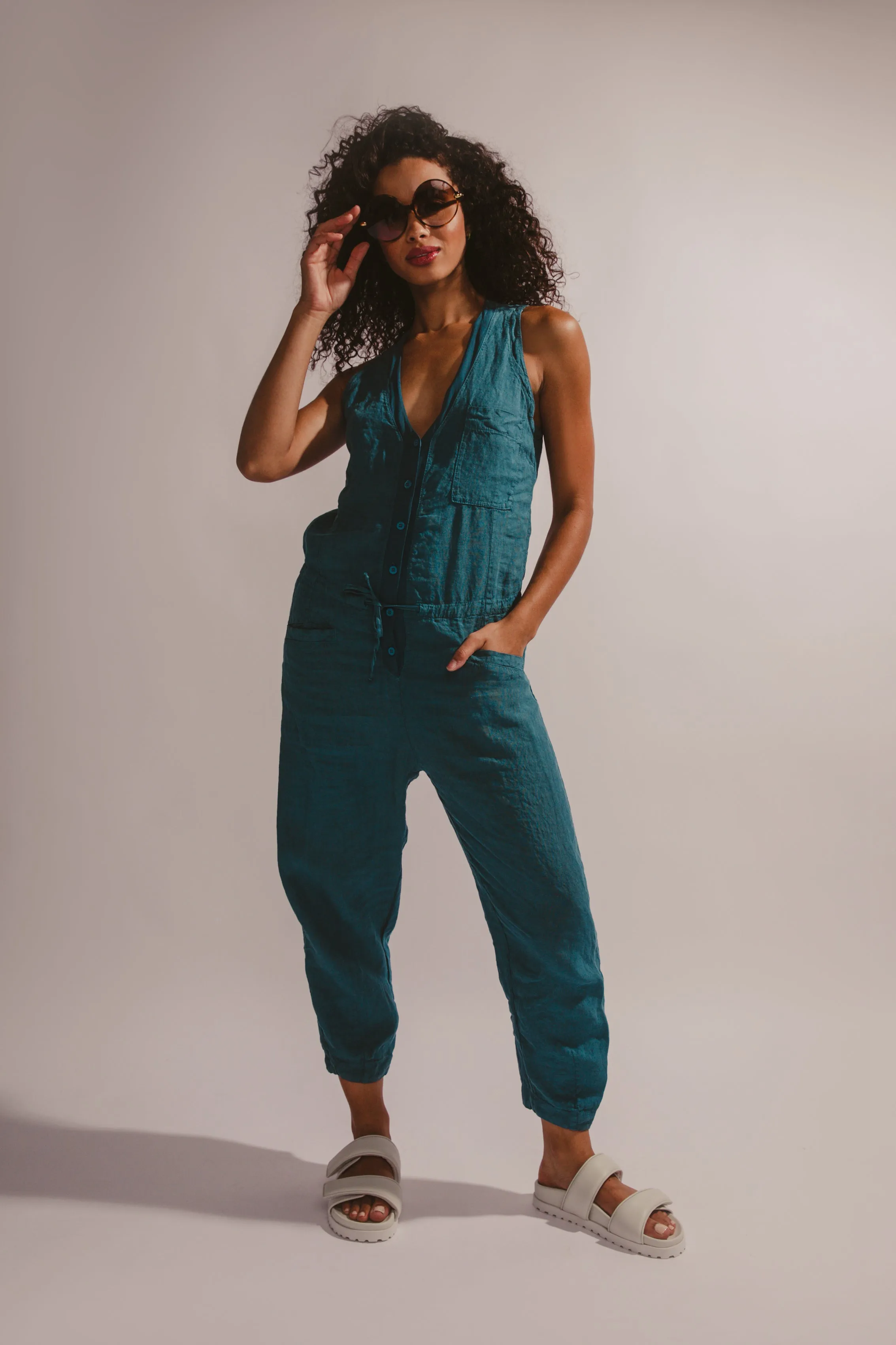 Linen Button Down Jumpsuit in Octanium