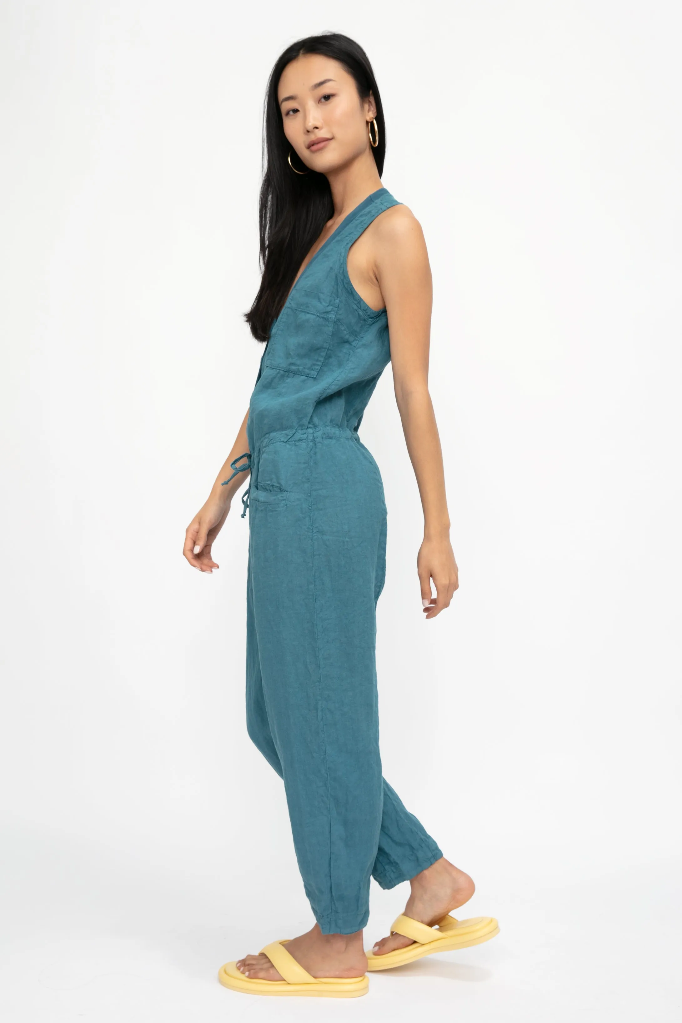 Linen Button Down Jumpsuit in Octanium