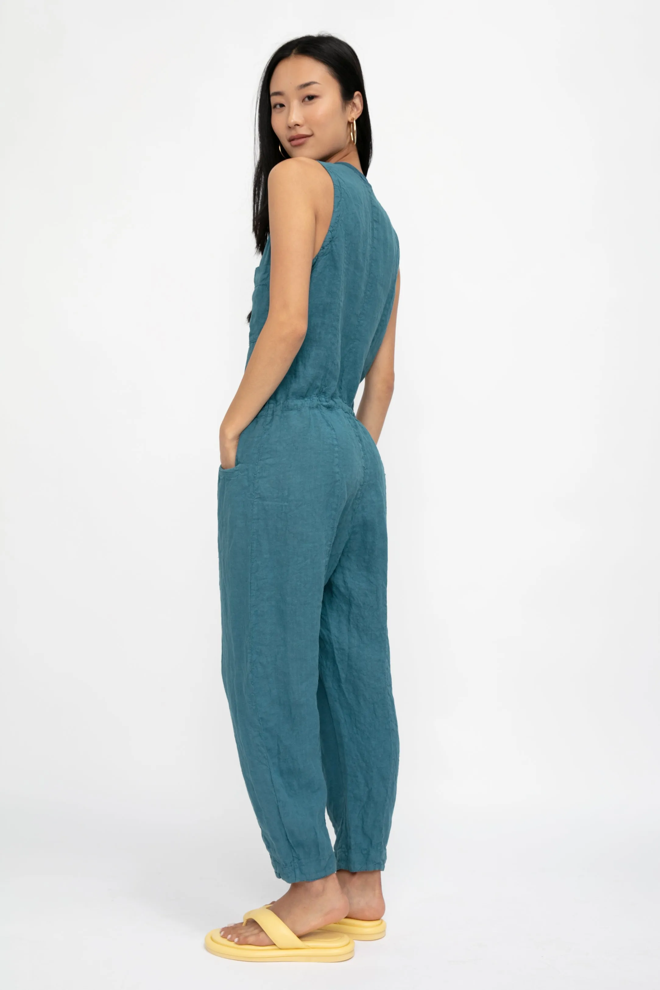 Linen Button Down Jumpsuit in Octanium