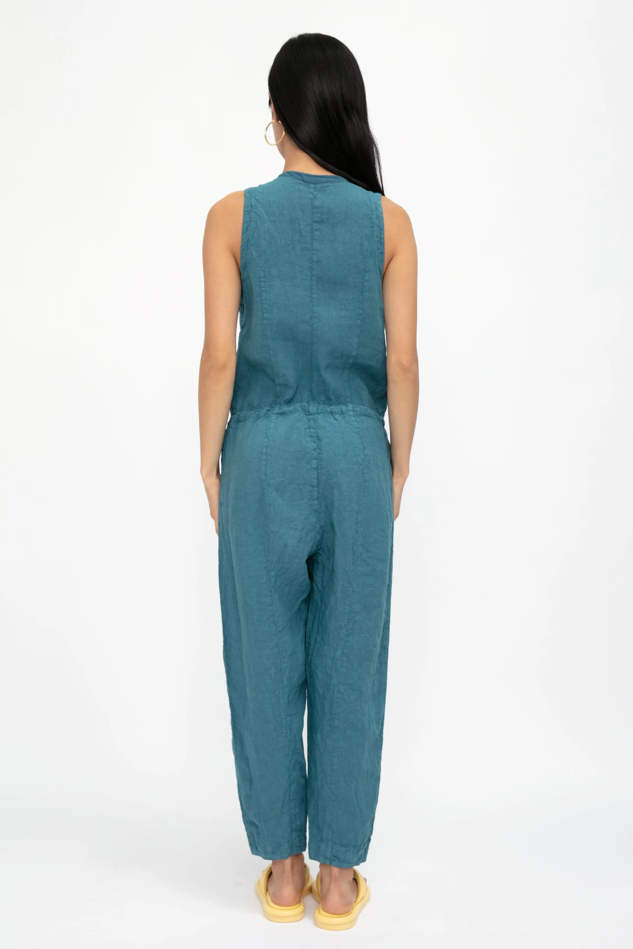 Linen Button Down Jumpsuit in Octanium