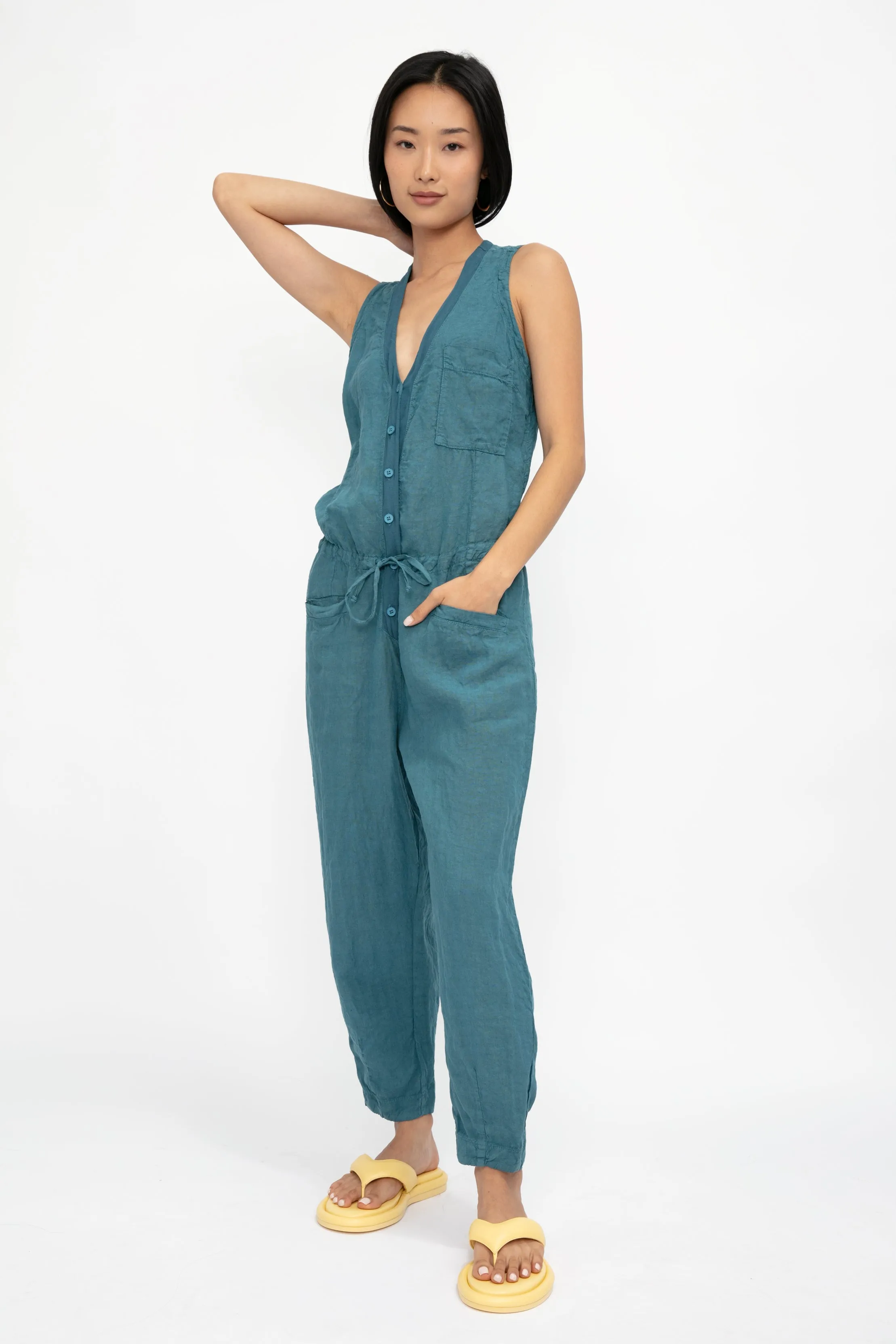 Linen Button Down Jumpsuit in Octanium