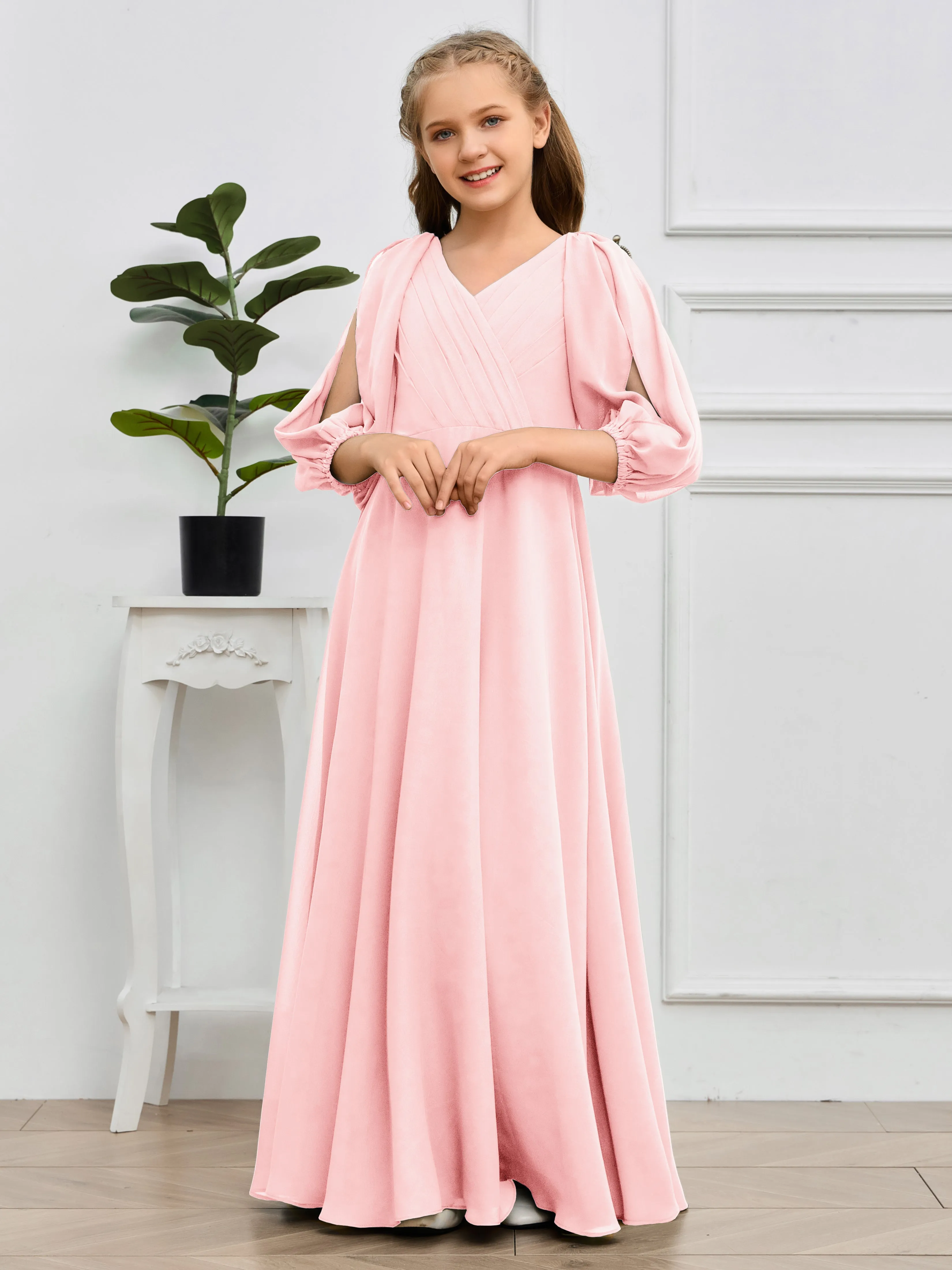 Long Sleeves V Neck Chiffon Junior Bridesmaid Dress