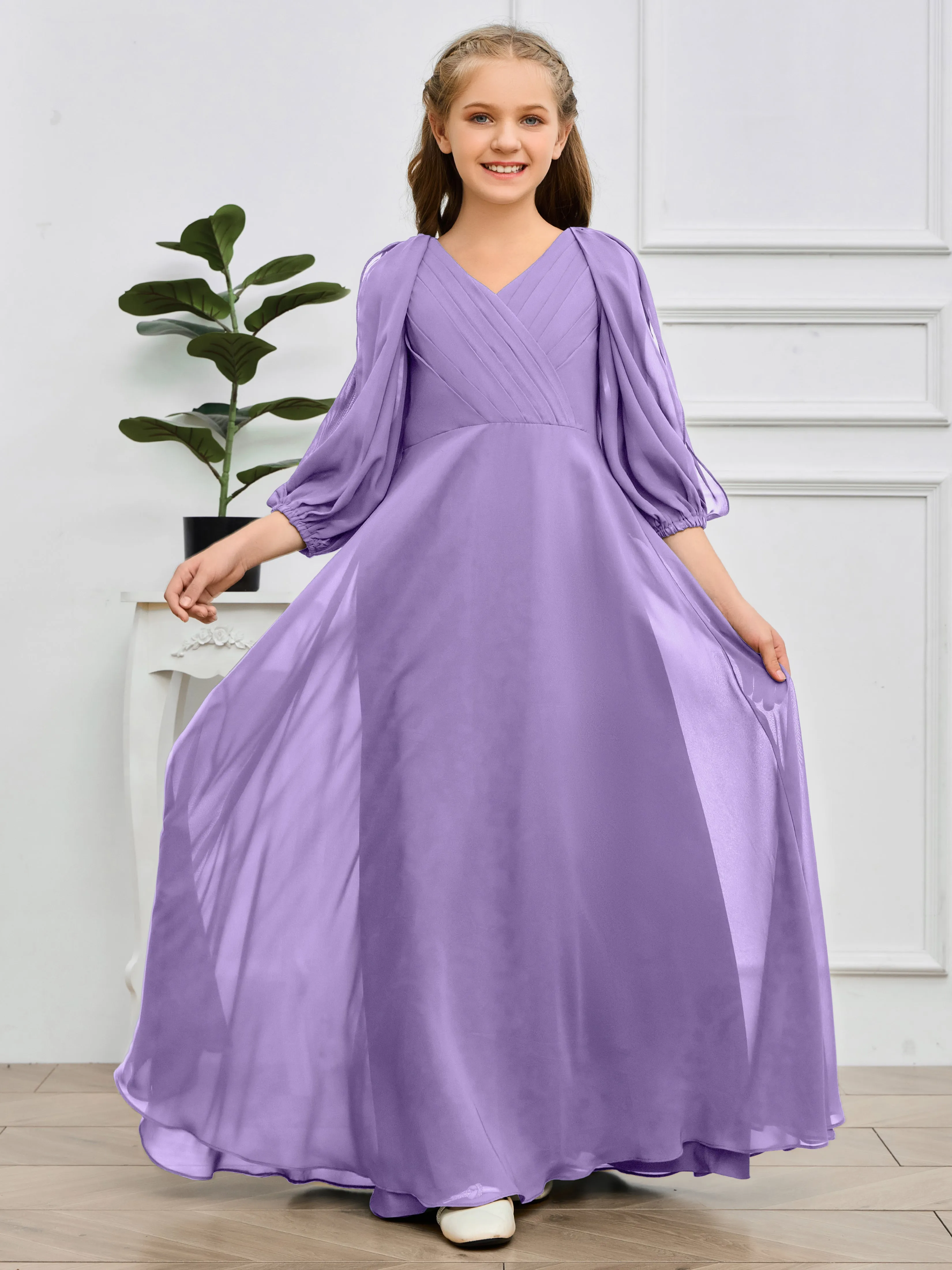 Long Sleeves V Neck Chiffon Junior Bridesmaid Dress