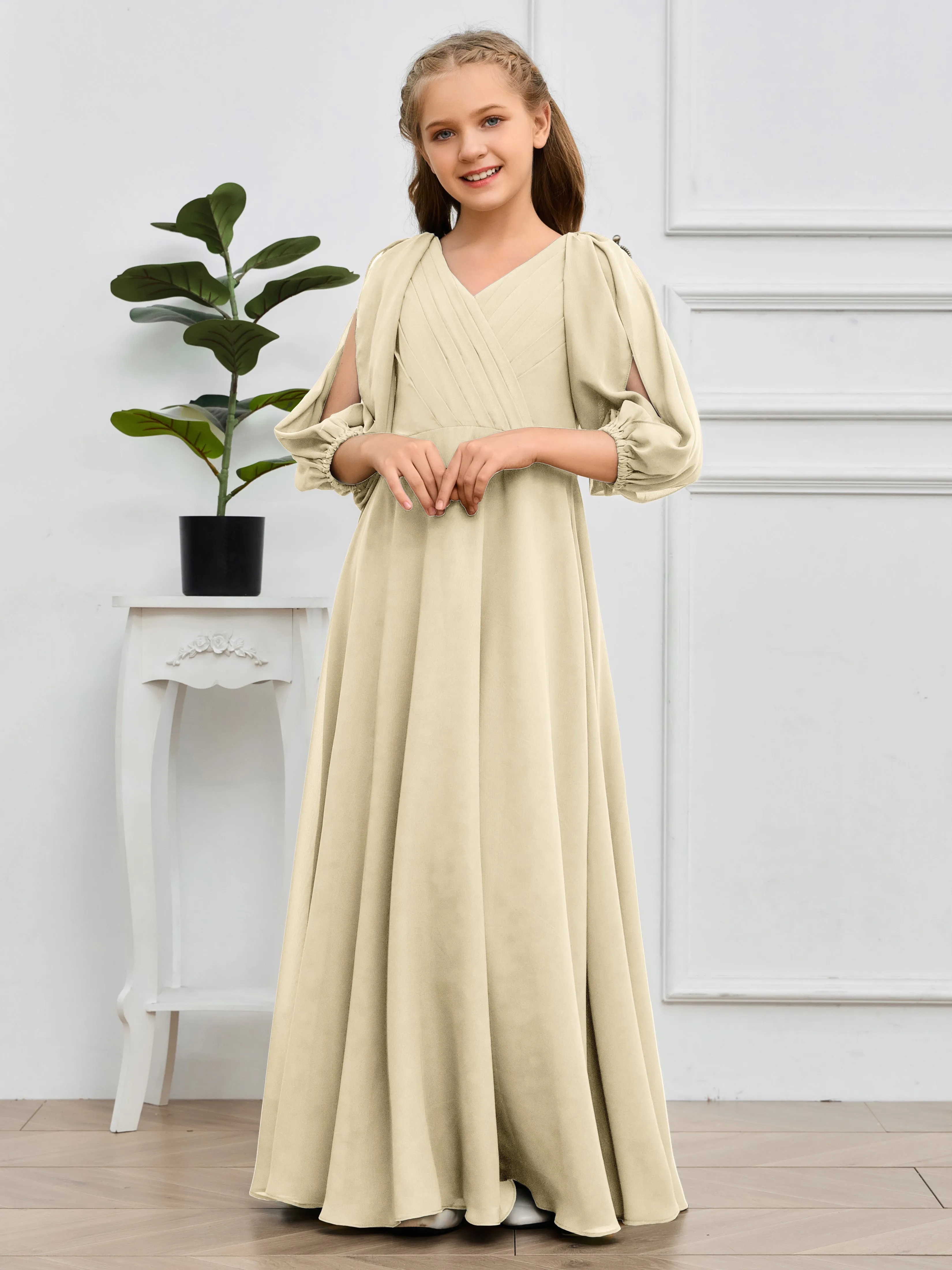 Long Sleeves V Neck Chiffon Junior Bridesmaid Dress