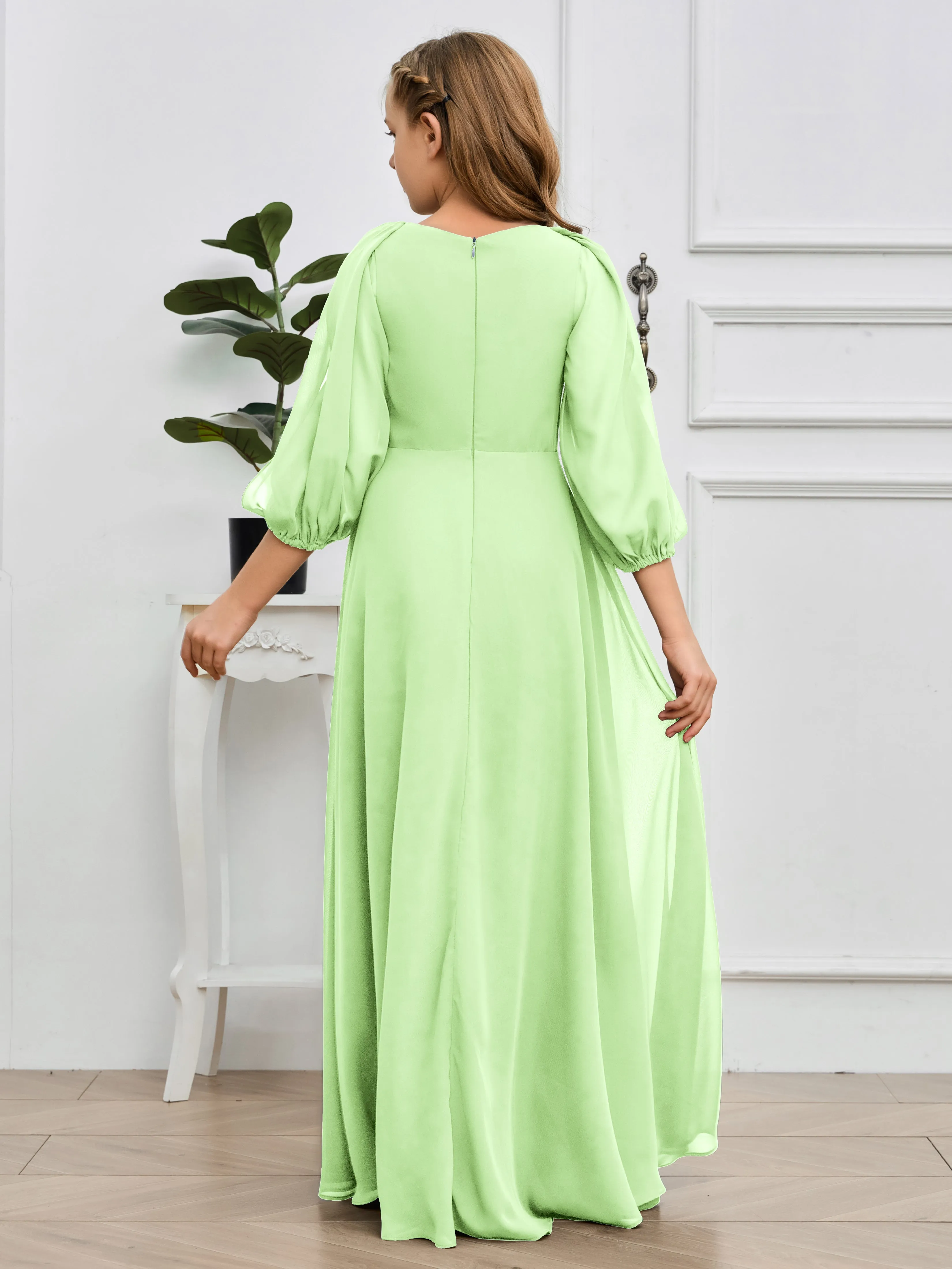 Long Sleeves V Neck Chiffon Junior Bridesmaid Dress