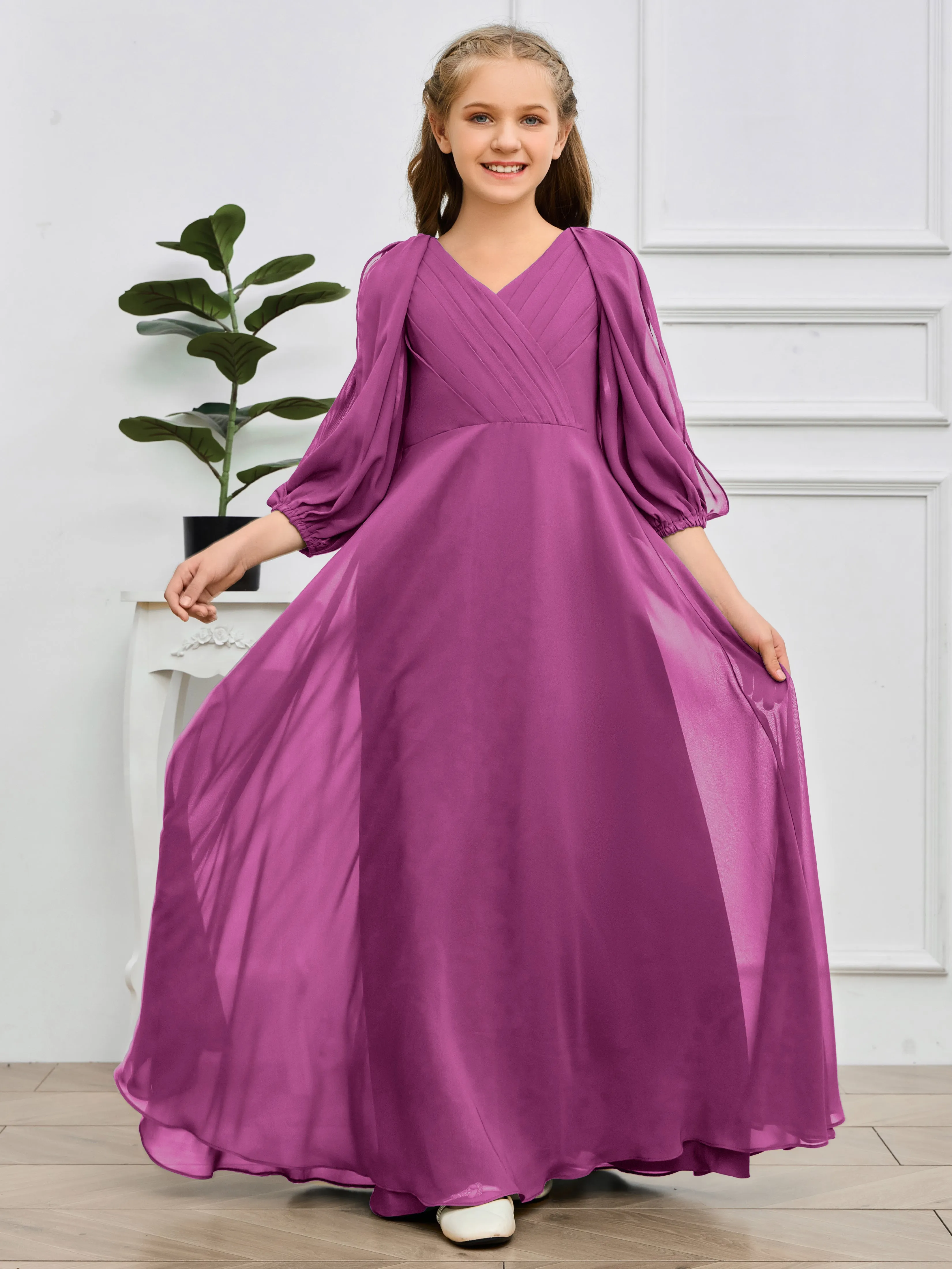 Long Sleeves V Neck Chiffon Junior Bridesmaid Dress