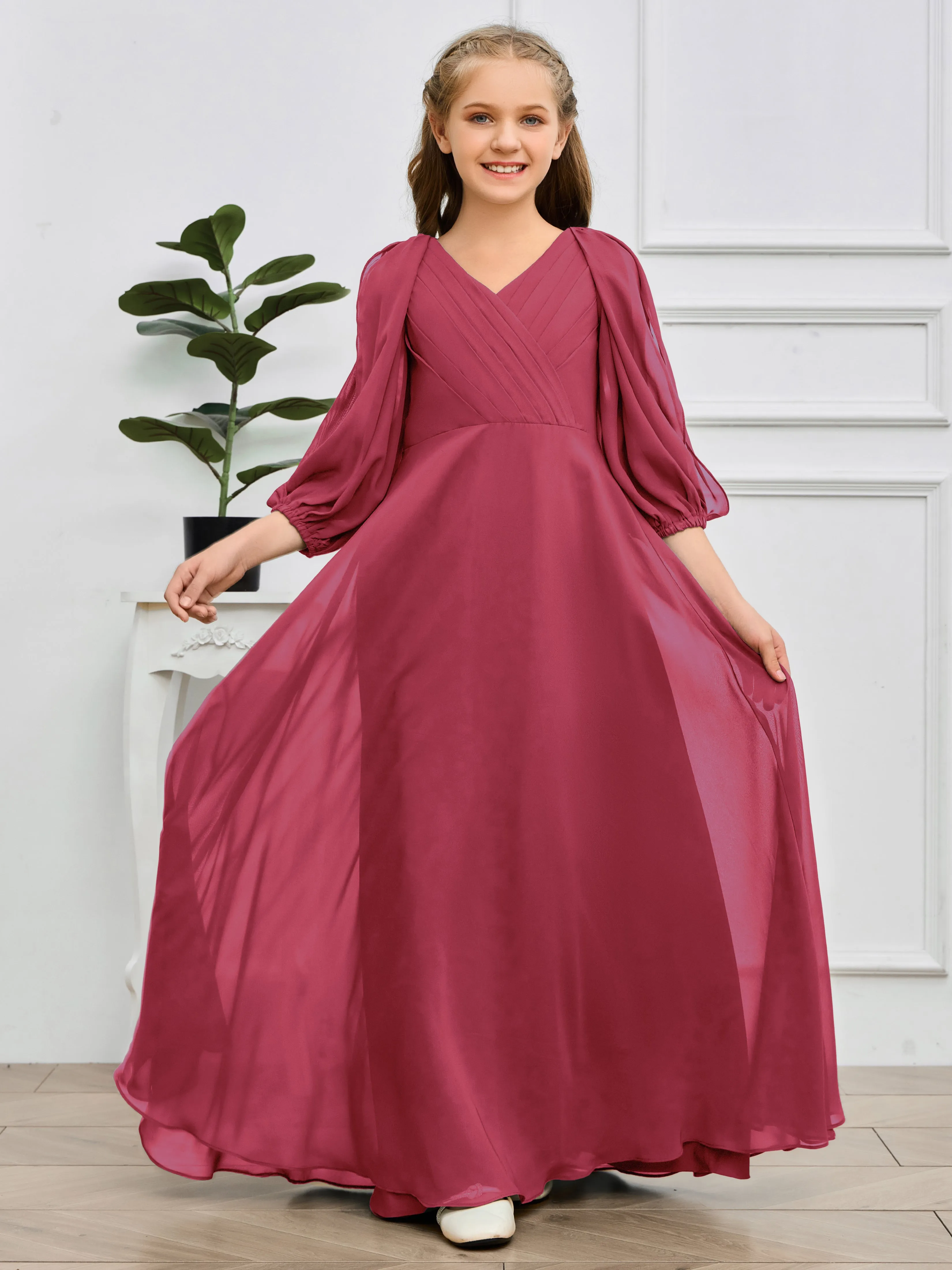 Long Sleeves V Neck Chiffon Junior Bridesmaid Dress