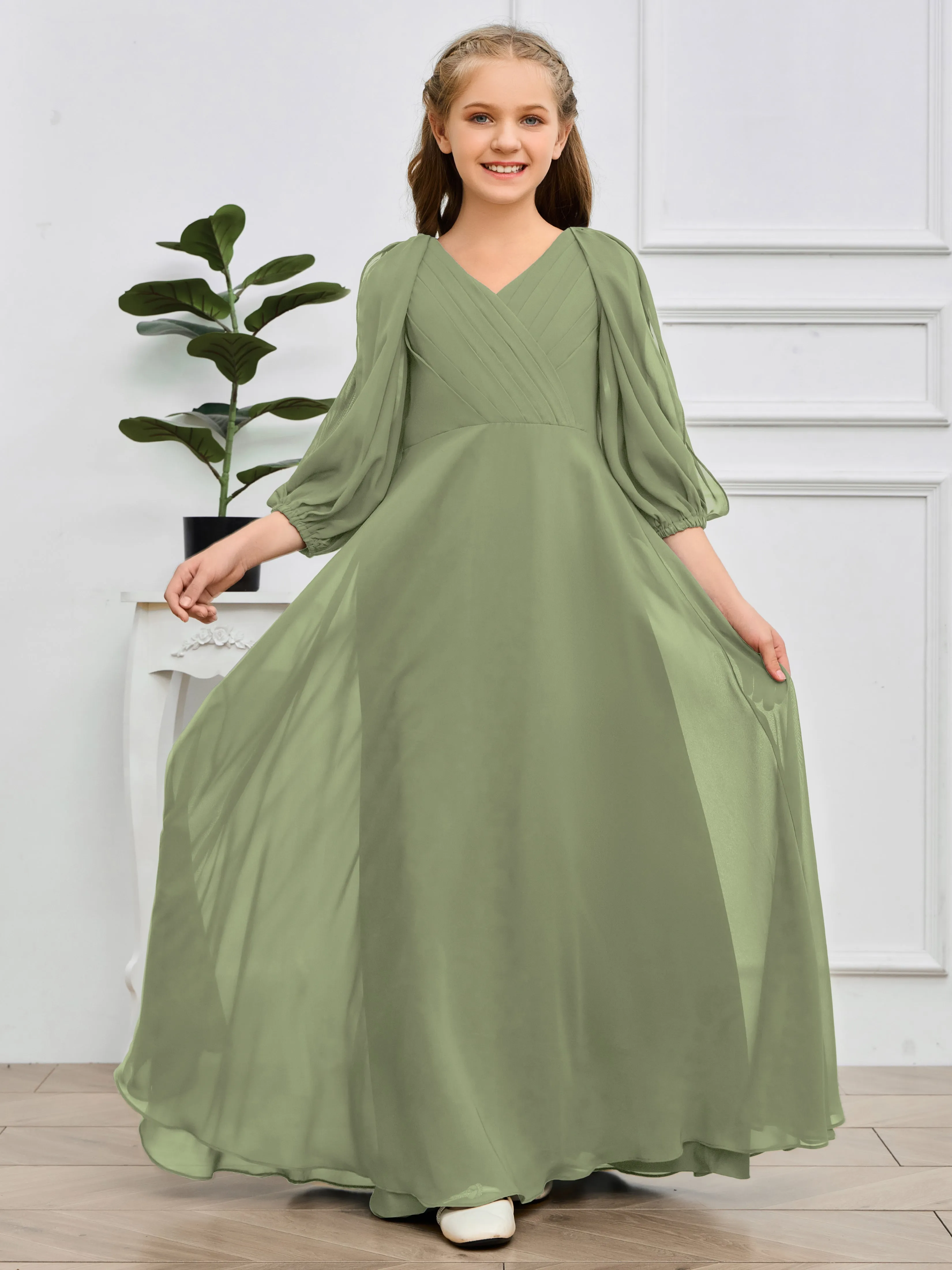 Long Sleeves V Neck Chiffon Junior Bridesmaid Dress