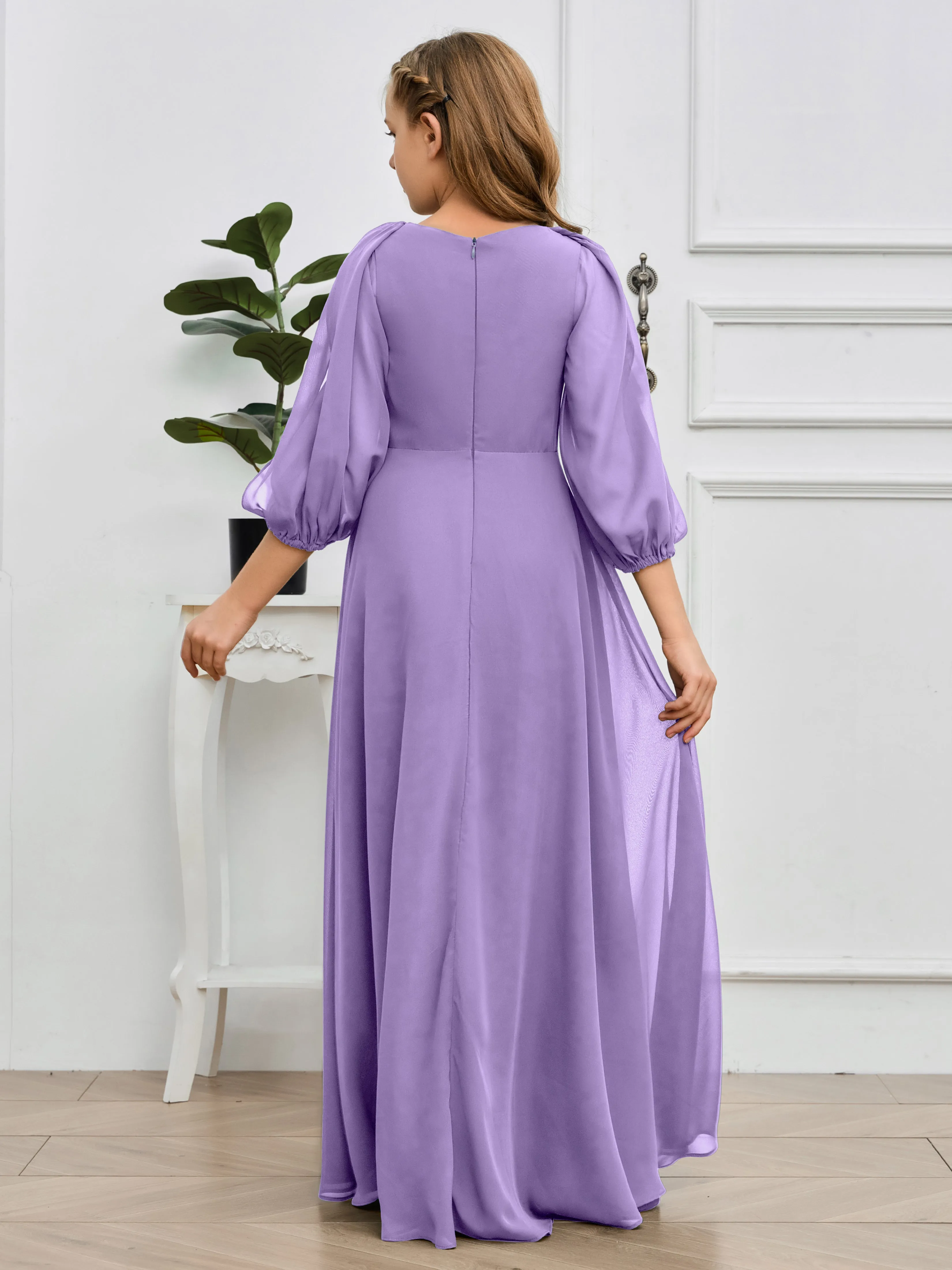 Long Sleeves V Neck Chiffon Junior Bridesmaid Dress