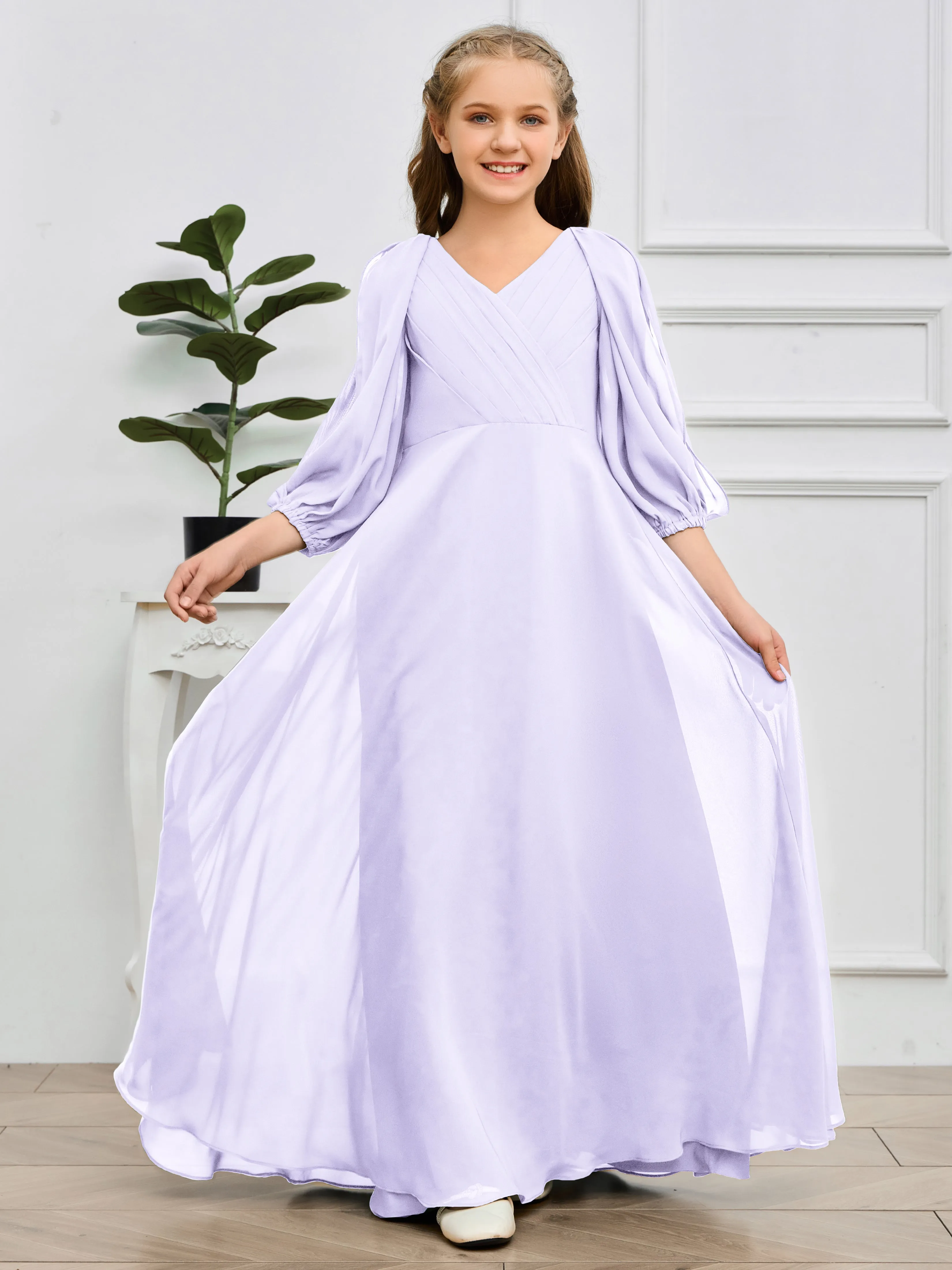 Long Sleeves V Neck Chiffon Junior Bridesmaid Dress