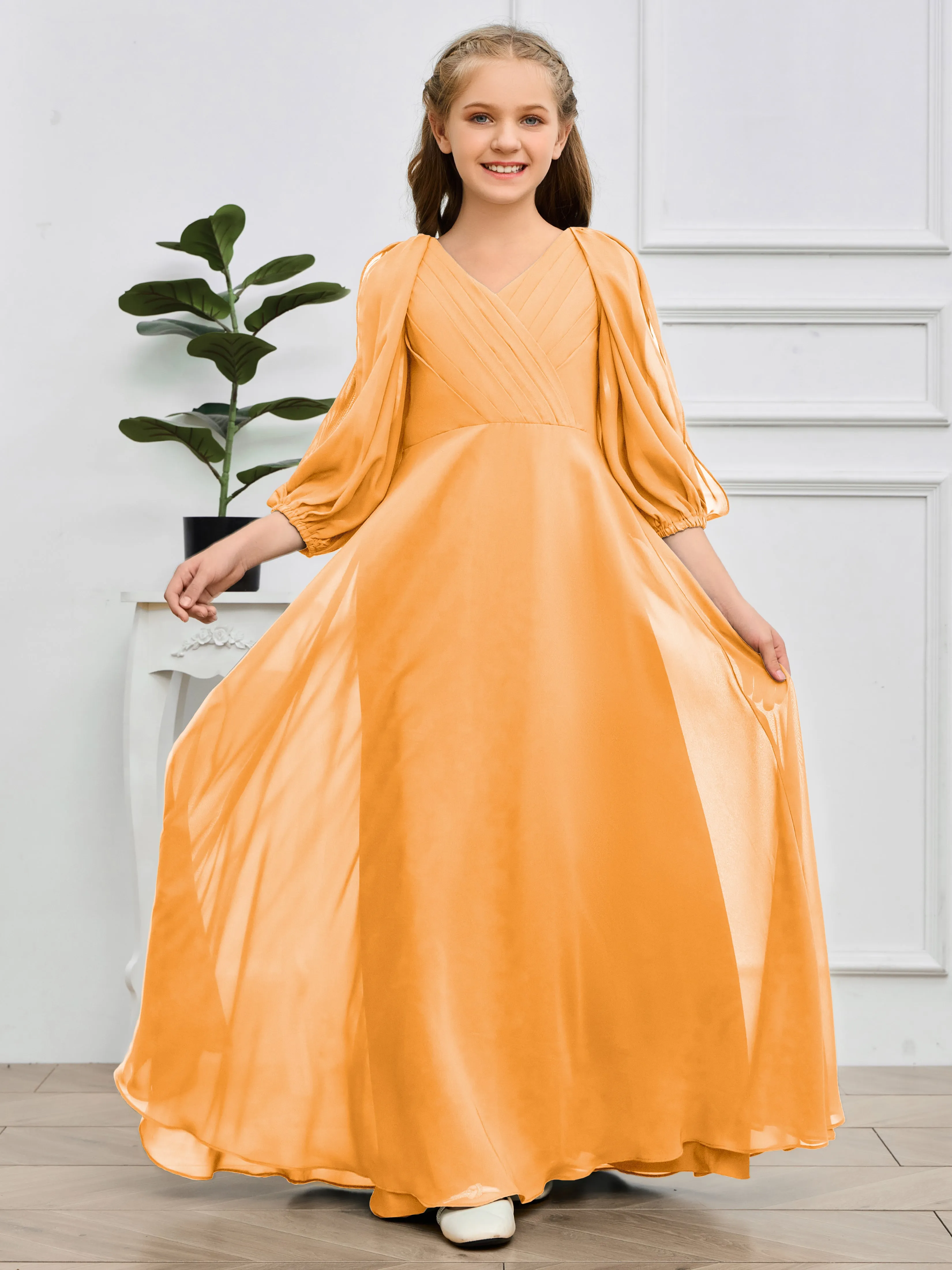 Long Sleeves V Neck Chiffon Junior Bridesmaid Dress