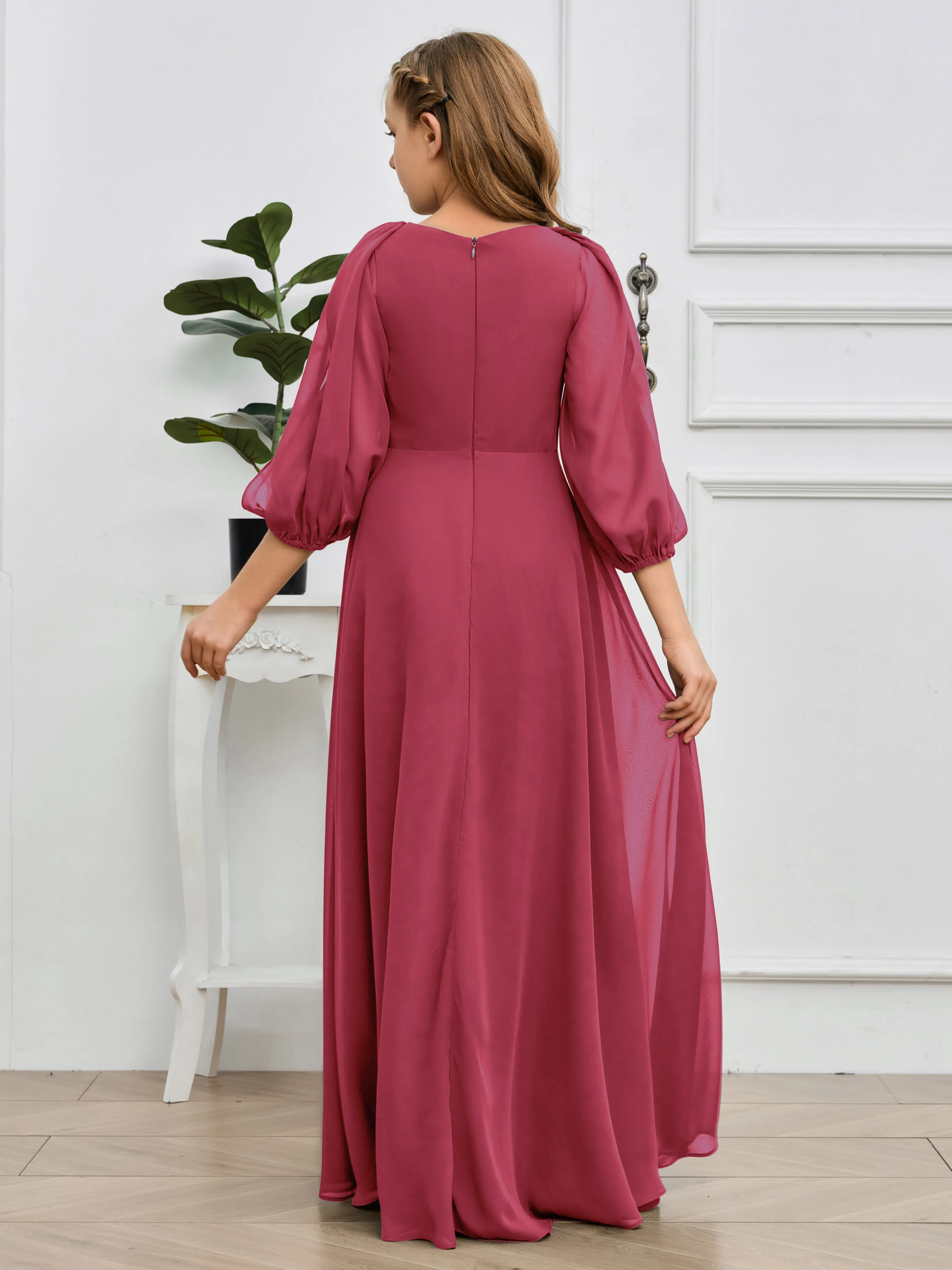 Long Sleeves V Neck Chiffon Junior Bridesmaid Dress