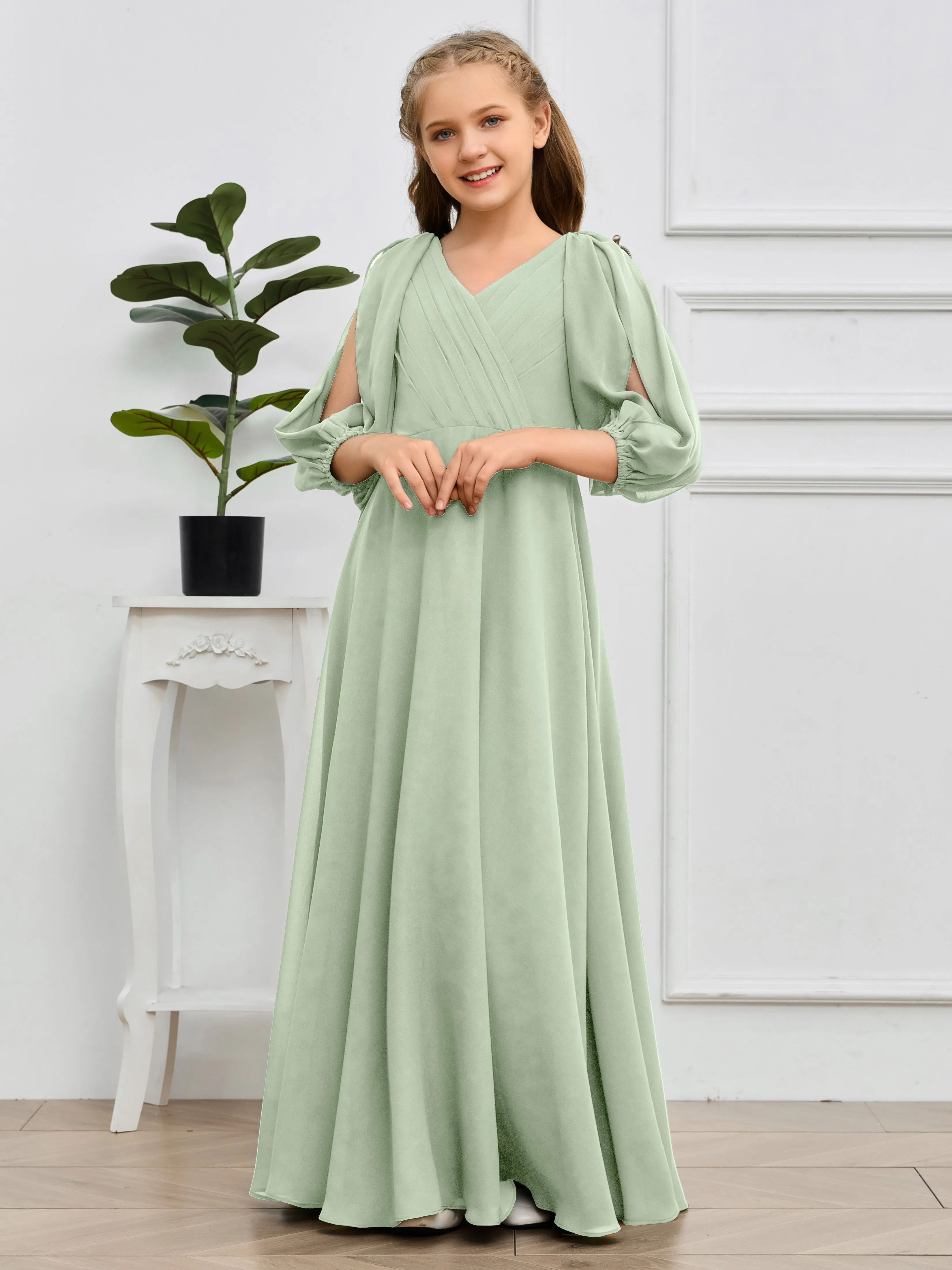 Long Sleeves V Neck Chiffon Junior Bridesmaid Dress