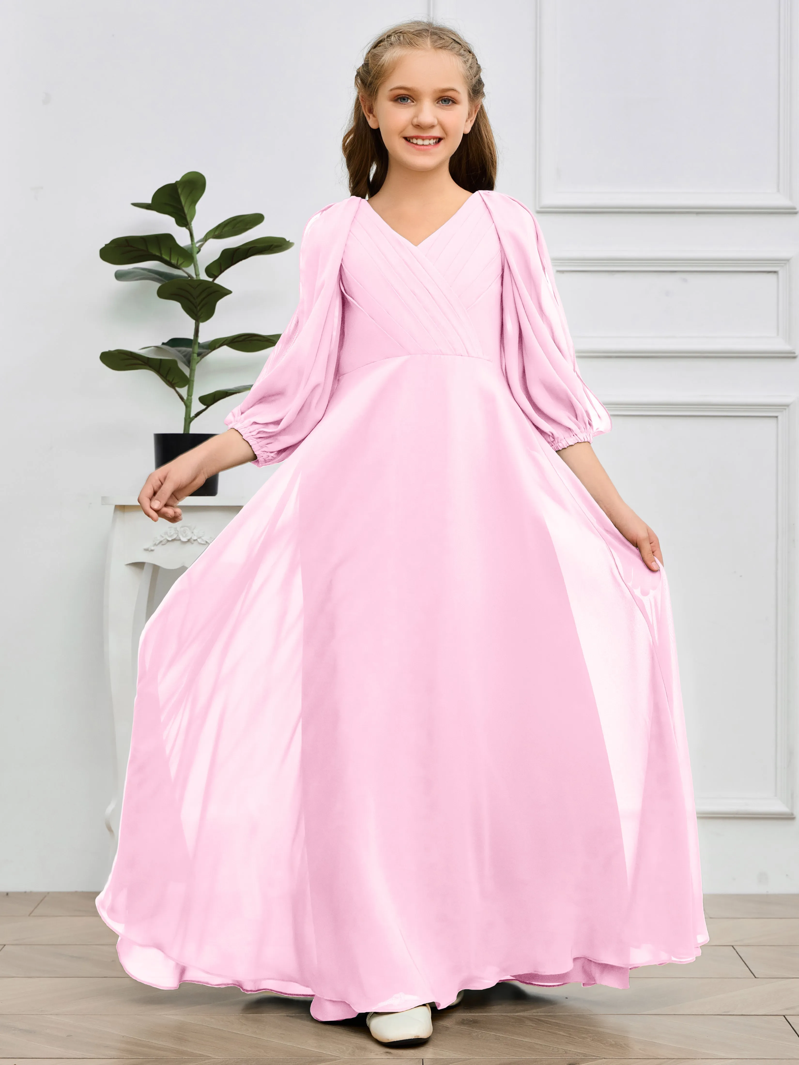 Long Sleeves V Neck Chiffon Junior Bridesmaid Dress