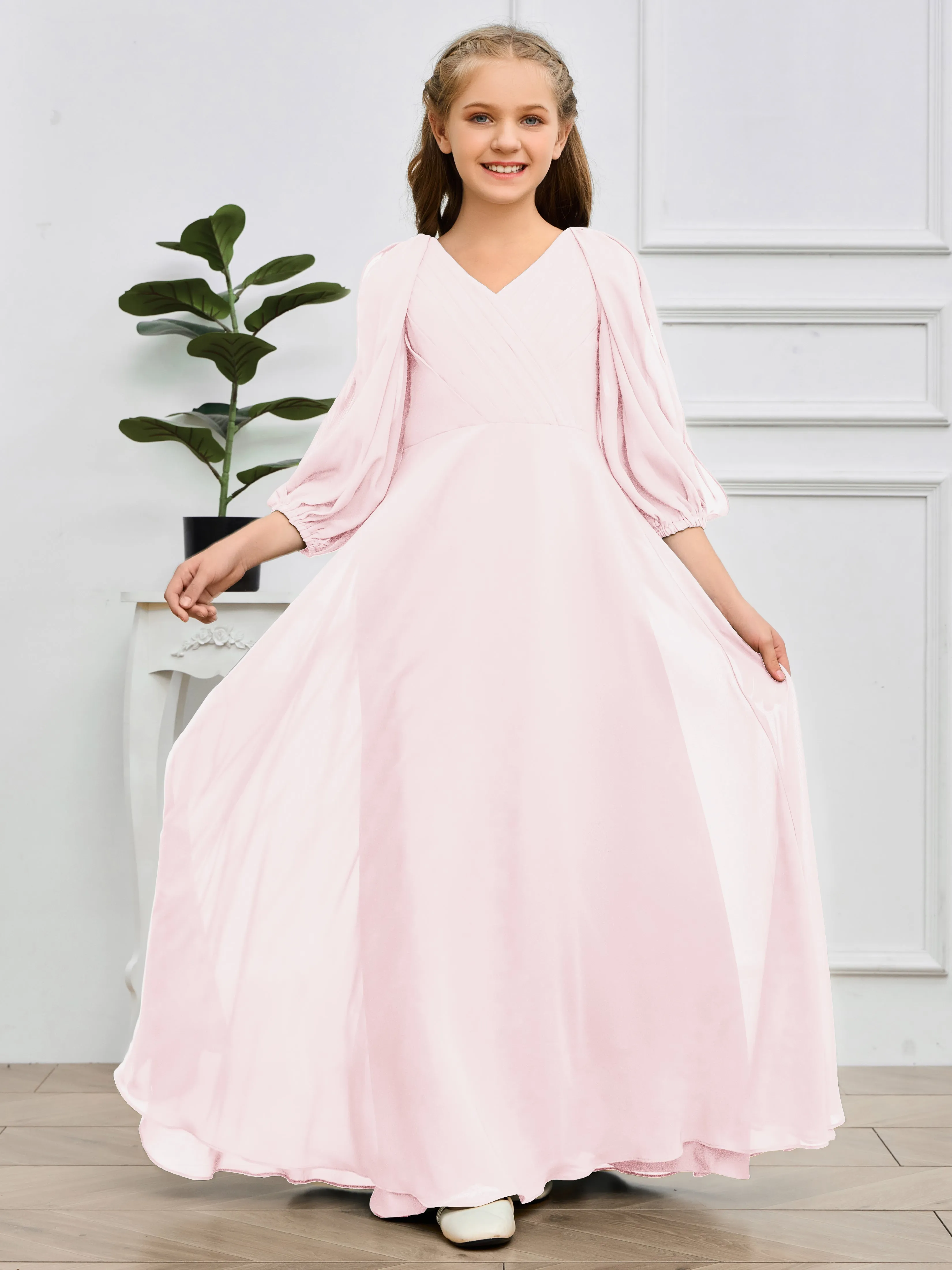 Long Sleeves V Neck Chiffon Junior Bridesmaid Dress