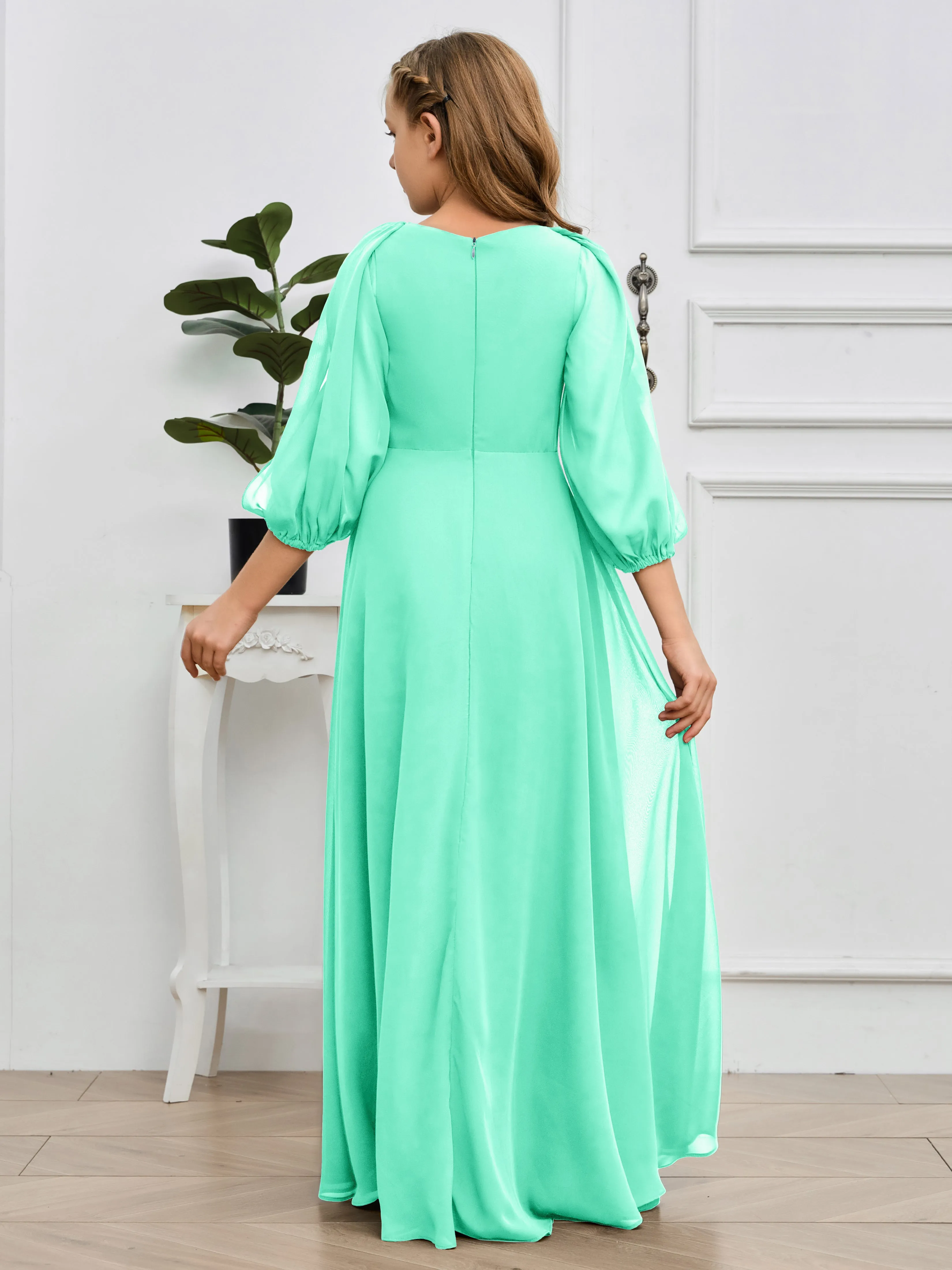 Long Sleeves V Neck Chiffon Junior Bridesmaid Dress