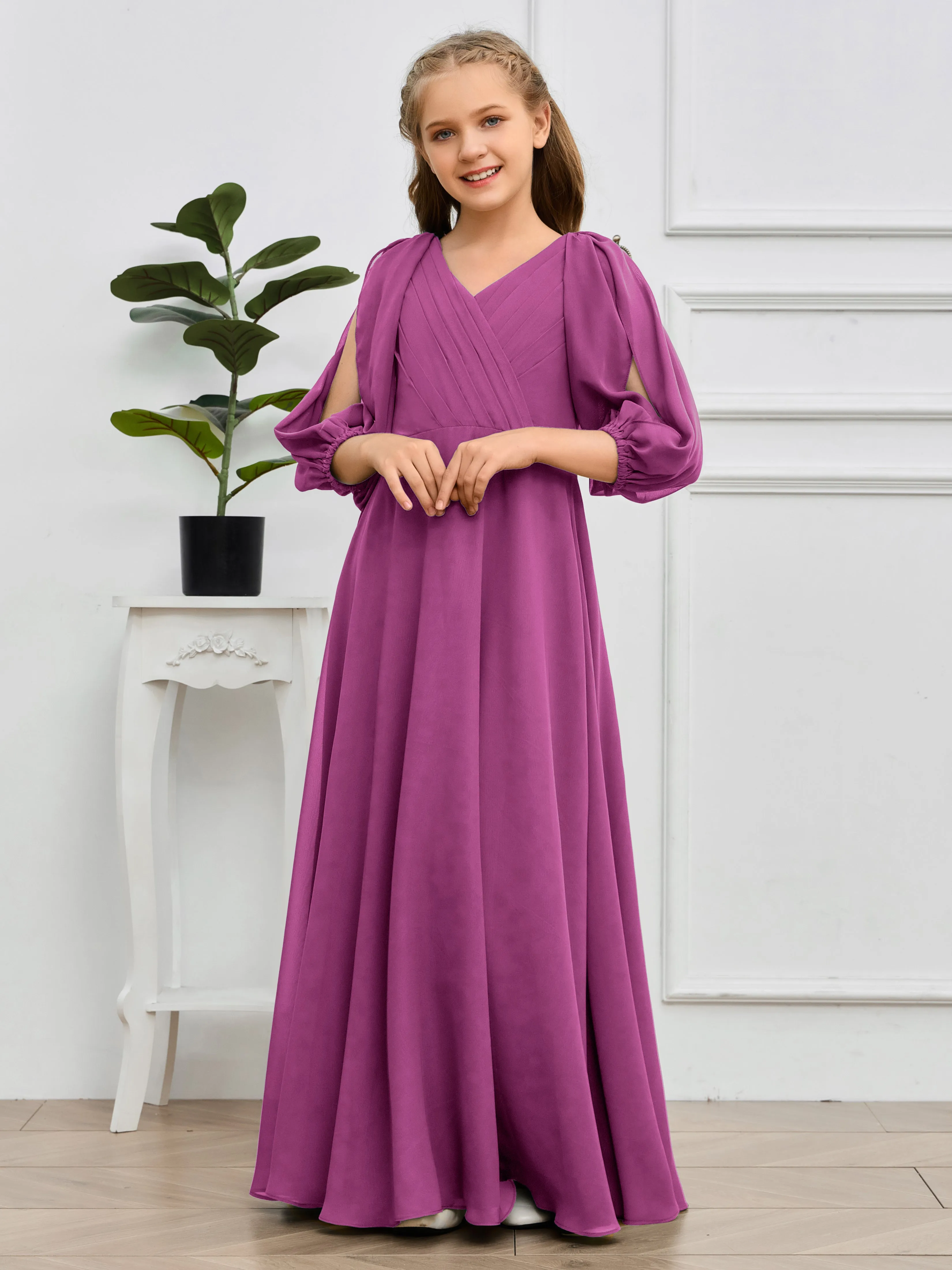 Long Sleeves V Neck Chiffon Junior Bridesmaid Dress